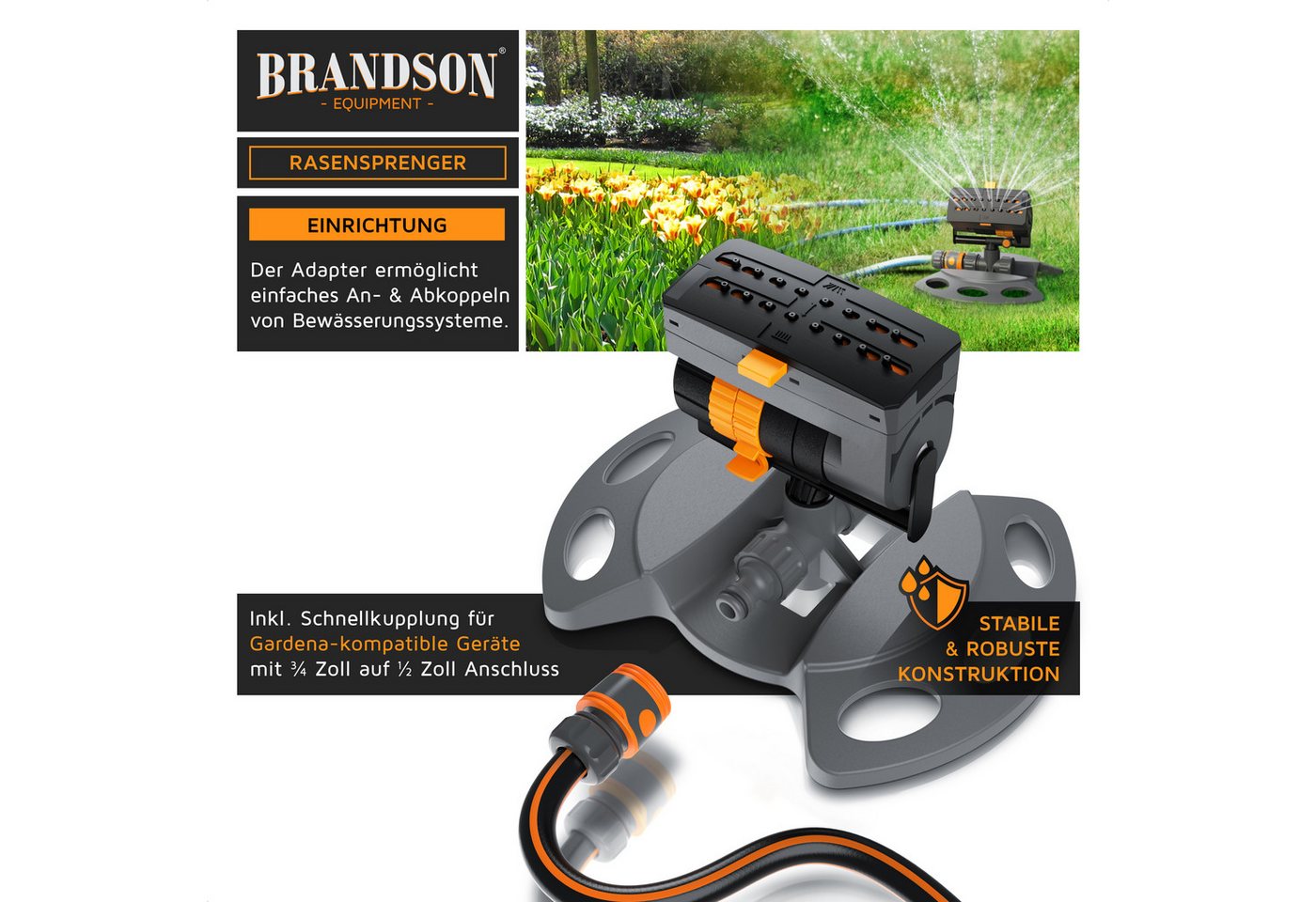 Brandson Viereckregner Garten Sprinkler, Oszillationsregner 16 Düsen, Rasensprenger rotierend, für Flächen bis 180 m², (1-St), Wasserstrahl stufenlos einstellbar, ¾“ Rasensprinkler für große Fläche Bild 3