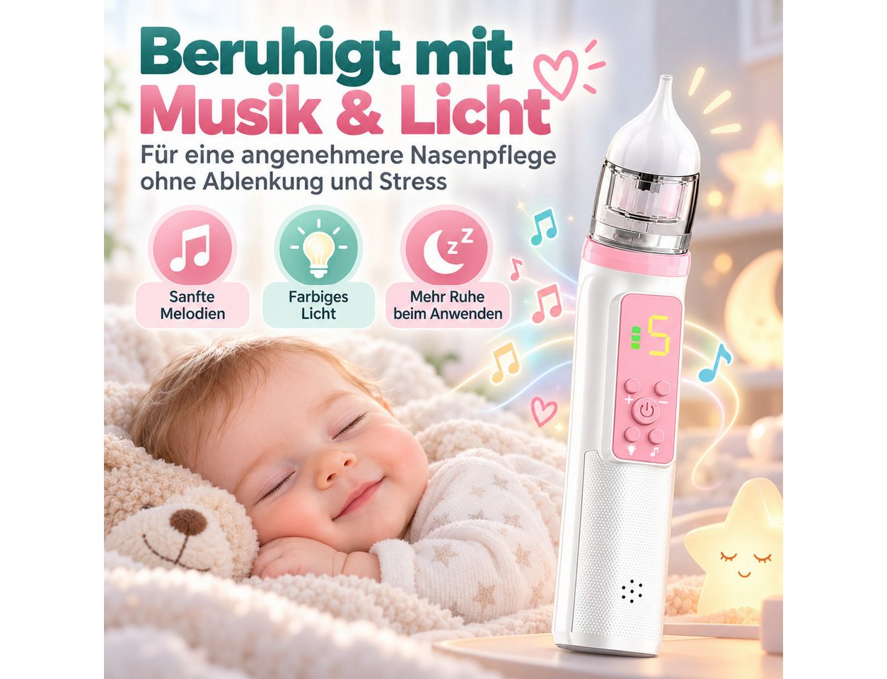 Diyarts Nasensauger, Elektischer Baby-Nasenreiniger, 68 kPa, 5 Saugstufen, Musik & Licht, 3 Silikonaufsätze, USB-C, 600 mAh Akku, für 0–2 Jahre