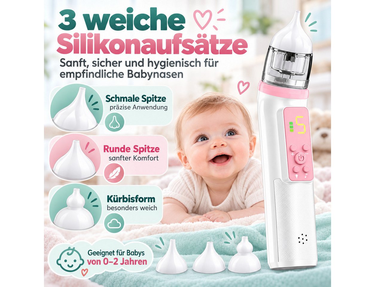 Diyarts Nasensauger, Elektischer Baby-Nasenreiniger, 68 kPa, 5 Saugstufen, Musik & Licht, 3 Silikonaufsätze, USB-C, 600 mAh Akku, für 0–2 Jahre Bild 2