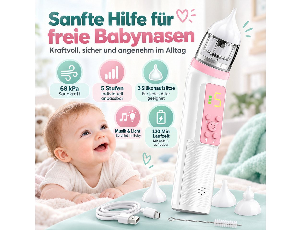 Diyarts Nasensauger, Elektischer Baby-Nasenreiniger, 68 kPa, 5 Saugstufen, Musik & Licht, 3 Silikonaufsätze, USB-C, 600 mAh Akku, für 0–2 Jahre Bild 3