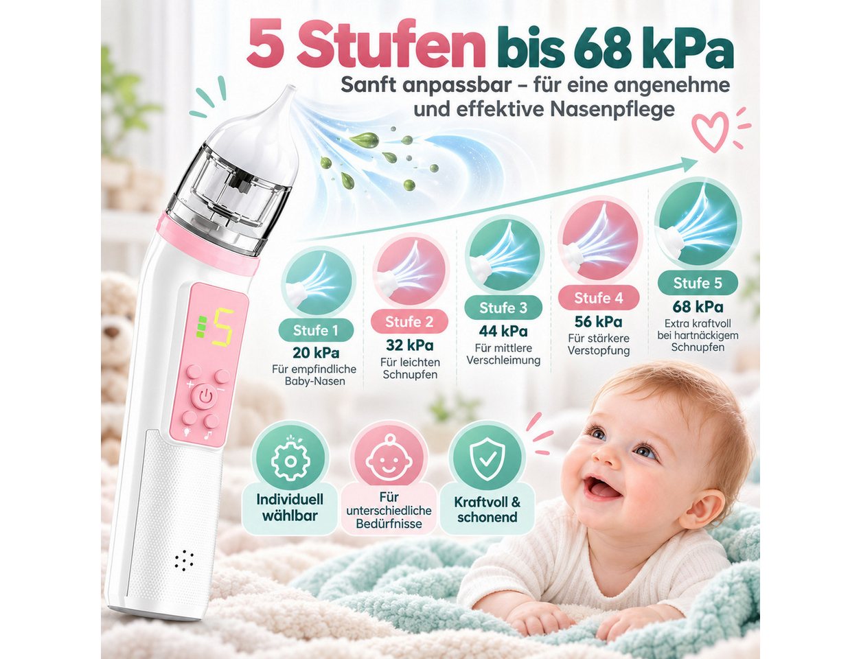 Diyarts Nasensauger, Elektischer Baby-Nasenreiniger, 68 kPa, 5 Saugstufen, Musik & Licht, 3 Silikonaufsätze, USB-C, 600 mAh Akku, für 0–2 Jahre Bild 5
