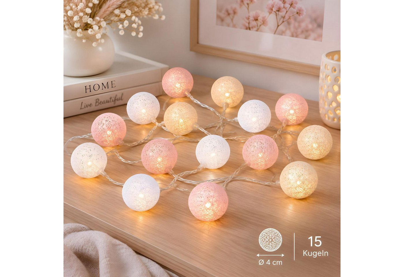 Levandeo® Lichterkette, LED Lichterkette Cotton Balls Beige Rosa Weiss Kinderzimmer Deko