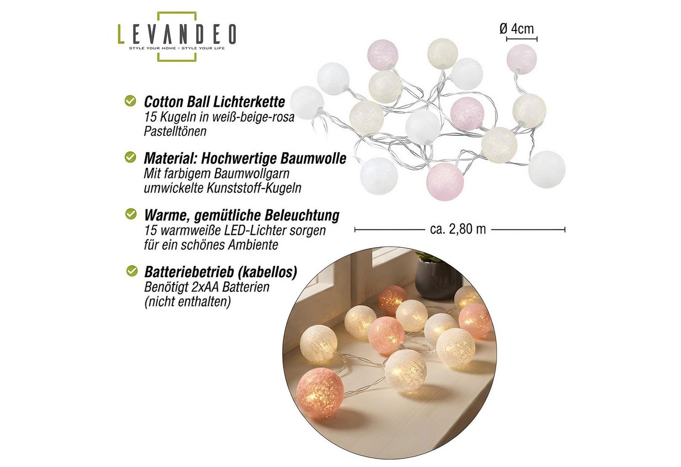 Levandeo® Lichterkette, LED Lichterkette Cotton Balls Beige Rosa Weiss Kinderzimmer Deko Bild 3