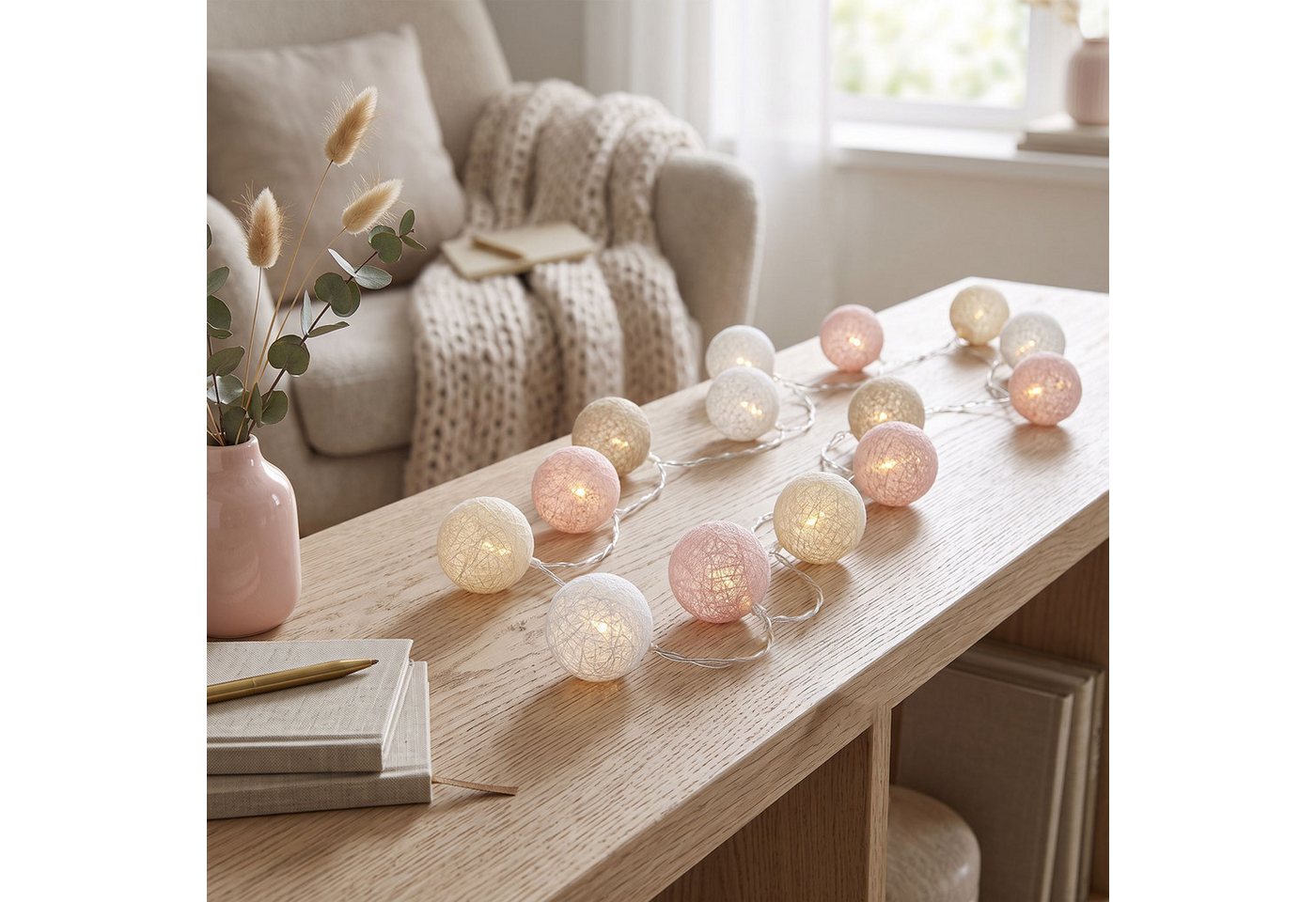 Levandeo® Lichterkette, LED Lichterkette Cotton Balls Beige Rosa Weiss Kinderzimmer Deko Bild 4