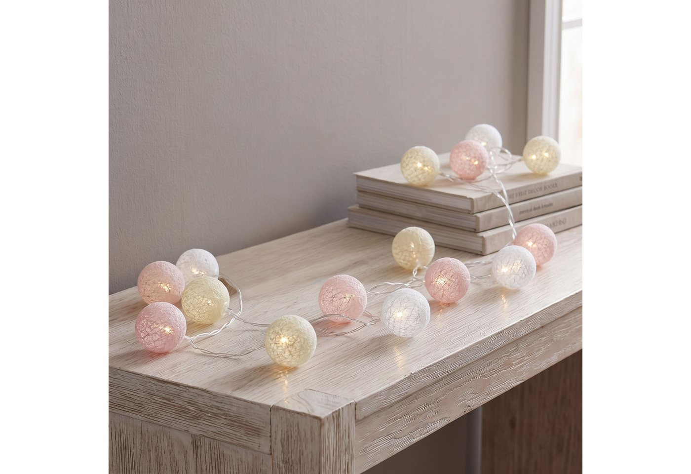 Levandeo® Lichterkette, LED Lichterkette Cotton Balls Beige Rosa Weiss Kinderzimmer Deko Bild 5