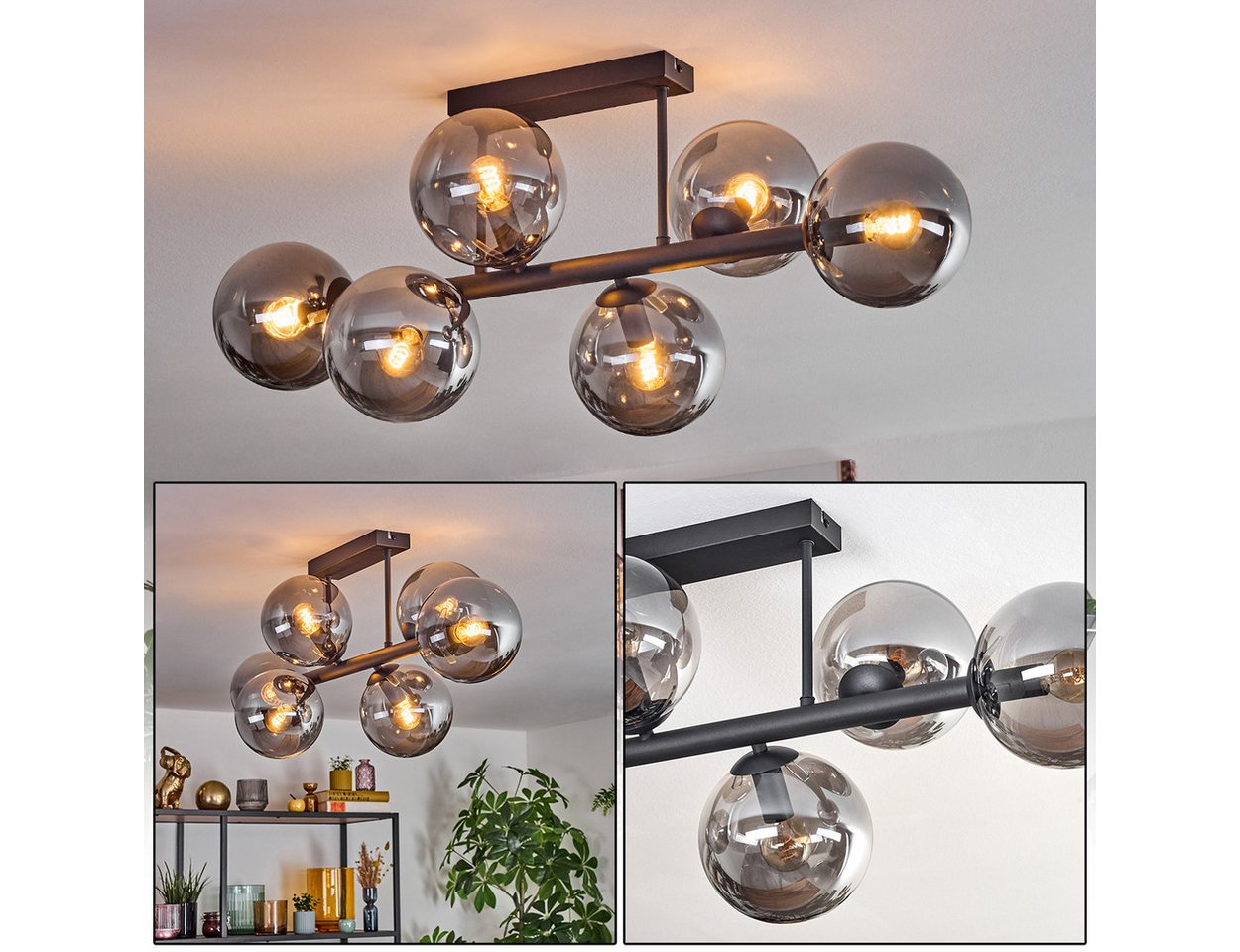 hofstein Deckenleuchte 6-flammige Deckenlampe aus Metall/Glas in Schwarz/Rauch, ohne Leuchtmittel, im Retro/Vintage-Design (Schirme Ø 15 cm), E14 Bild 5