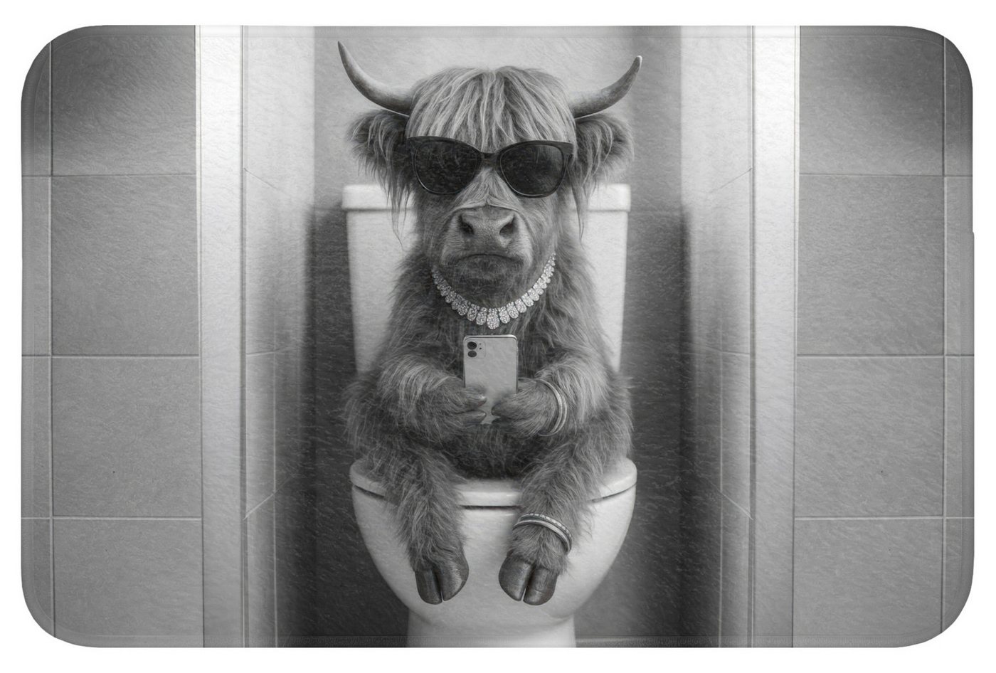 OnlyWow WC-Vorleger Taurus - Telefon - Toilette - Schwarz - Weiß, Höhe 10 mm, Polyester, Rechteckig, WC Teppich, Toilettenvorleger, Toilettenteppich, Badematte 60x40 cm Bild 4