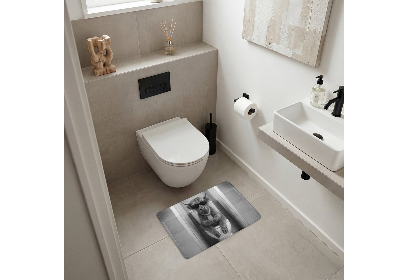 OnlyWow WC-Vorleger Taurus - Telefon - Toilette - Schwarz - Weiß, Höhe 10 mm, Polyester, Rechteckig, WC Teppich, Toilettenvorleger, Toilettenteppich, Badematte 60x40 cm Bild 5