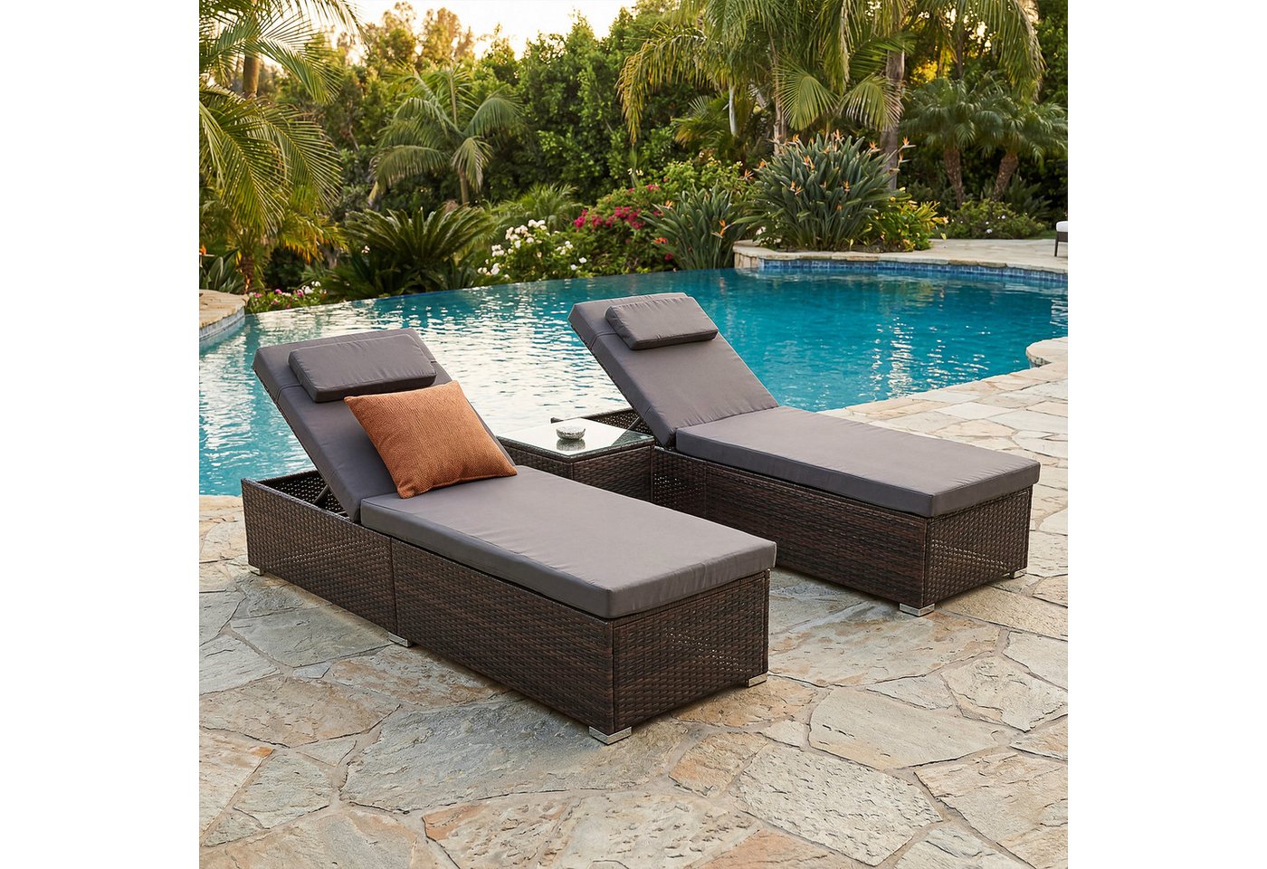 oyajia Gartenliege gepolsterte Rattan Sonnenliege 2er-Set, 2-Personen Polyrattan Sonnenliege, für Außen in Braun, wetterfest, UV-beständig, verstellbar, Glastisch