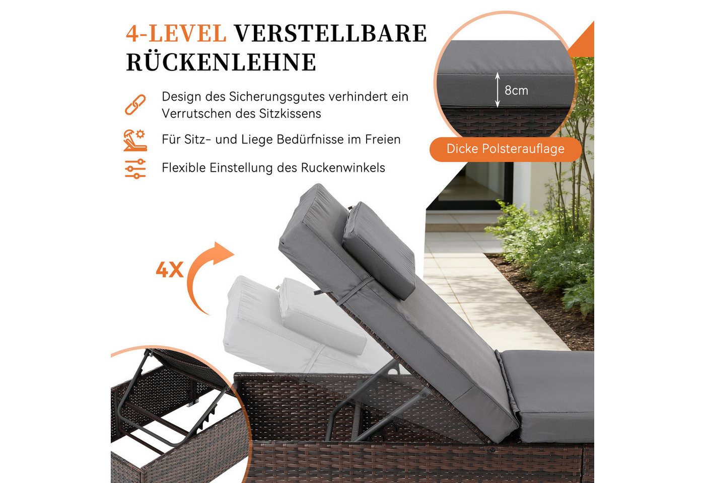 oyajia Gartenliege gepolsterte Rattan Sonnenliege 2er-Set, 2-Personen Polyrattan Sonnenliege, für Außen in Braun, wetterfest, UV-beständig, verstellbar, Glastisch Bild 2