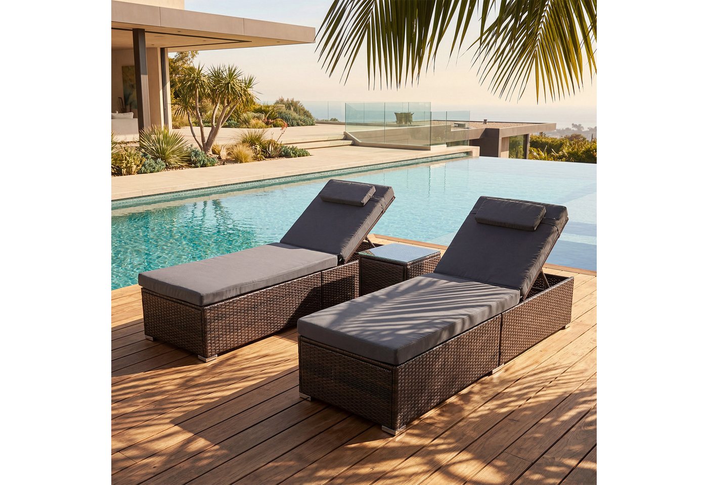 oyajia Gartenliege gepolsterte Rattan Sonnenliege 2er-Set, 2-Personen Polyrattan Sonnenliege, für Außen in Braun, wetterfest, UV-beständig, verstellbar, Glastisch Bild 3
