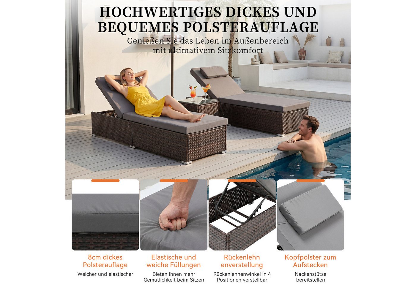 oyajia Gartenliege gepolsterte Rattan Sonnenliege 2er-Set, 2-Personen Polyrattan Sonnenliege, für Außen in Braun, wetterfest, UV-beständig, verstellbar, Glastisch Bild 4