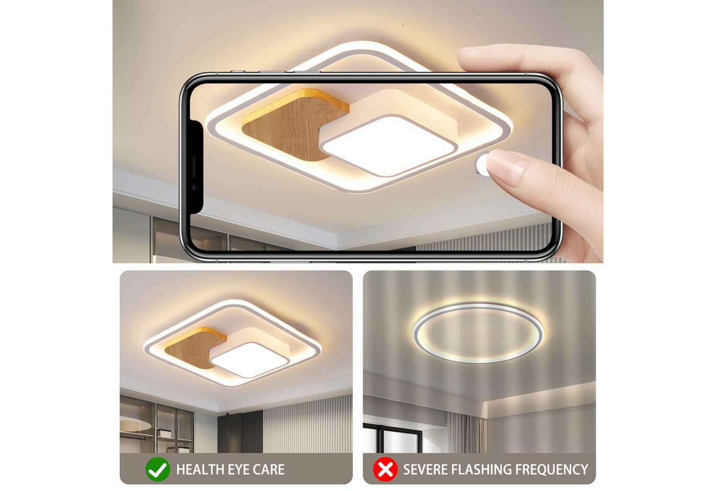 style home Deckenleuchte LED Deckenlampe dimmbar mit Fernbedienung, 90W-Ø50cm, LED fest integriert, Warmweiß bis Kaltweiß 3000K-6000K, Ø50x4cm, rund Leuchte für Wohnzimmer Schlafzimmer Küche Büro, Holz