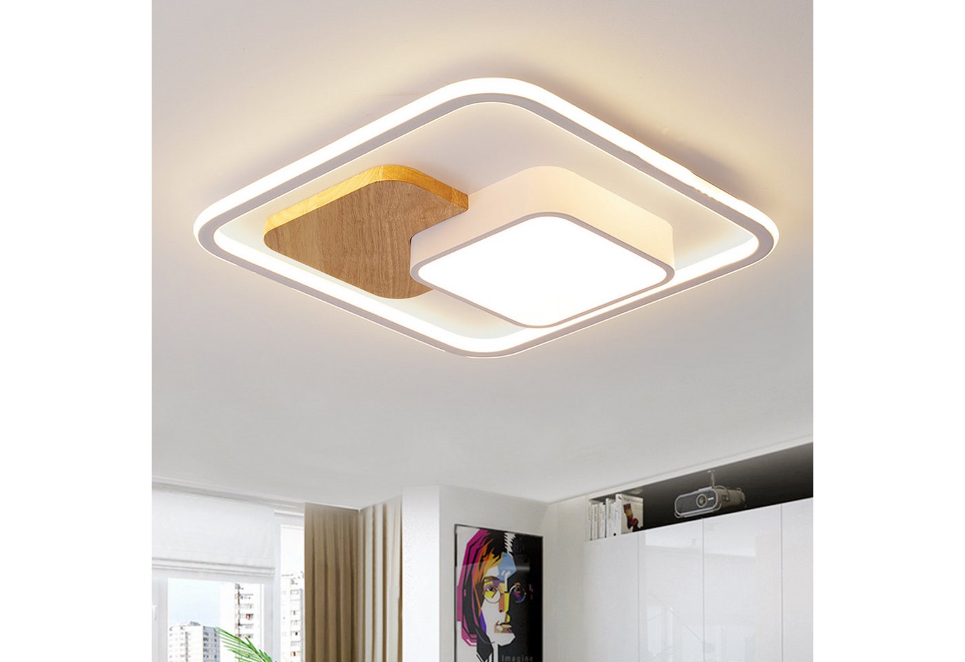 style home Deckenleuchte LED Deckenlampe dimmbar mit Fernbedienung, 90W-Ø50cm, LED fest integriert, Warmweiß bis Kaltweiß 3000K-6000K, Ø50x4cm, rund Leuchte für Wohnzimmer Schlafzimmer Küche Büro, Holz Bild 2