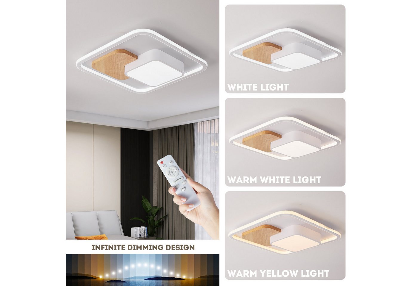 style home Deckenleuchte LED Deckenlampe dimmbar mit Fernbedienung, 90W-Ø50cm, LED fest integriert, Warmweiß bis Kaltweiß 3000K-6000K, Ø50x4cm, rund Leuchte für Wohnzimmer Schlafzimmer Küche Büro, Holz Bild 3