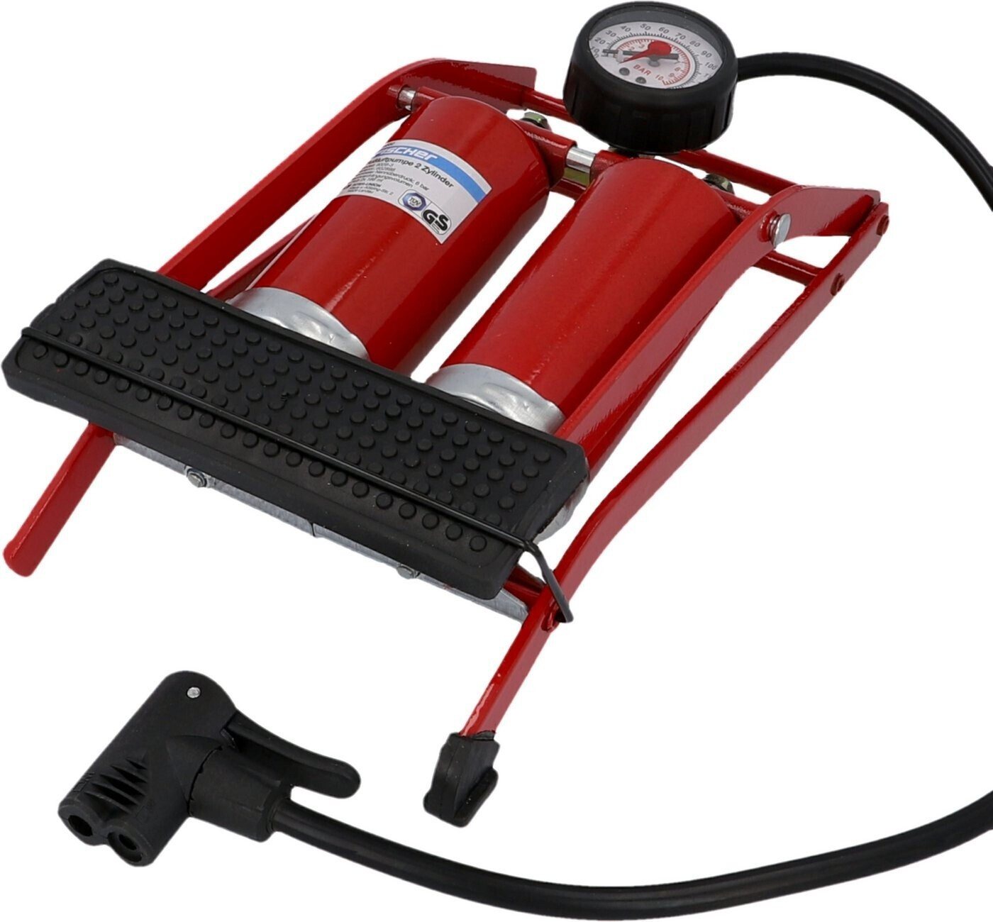 Fischer Luftpumpe Fußpumpe Doppelzylinder Duo-Kopf mit Manometer Fahrradpumpe (Analog, mit Doppelzylinder, Mit Manometer, Inkl. Ballnadel und Adapter), Luftpumpe Tretpumpe Reifenpumpe Ballpumpe