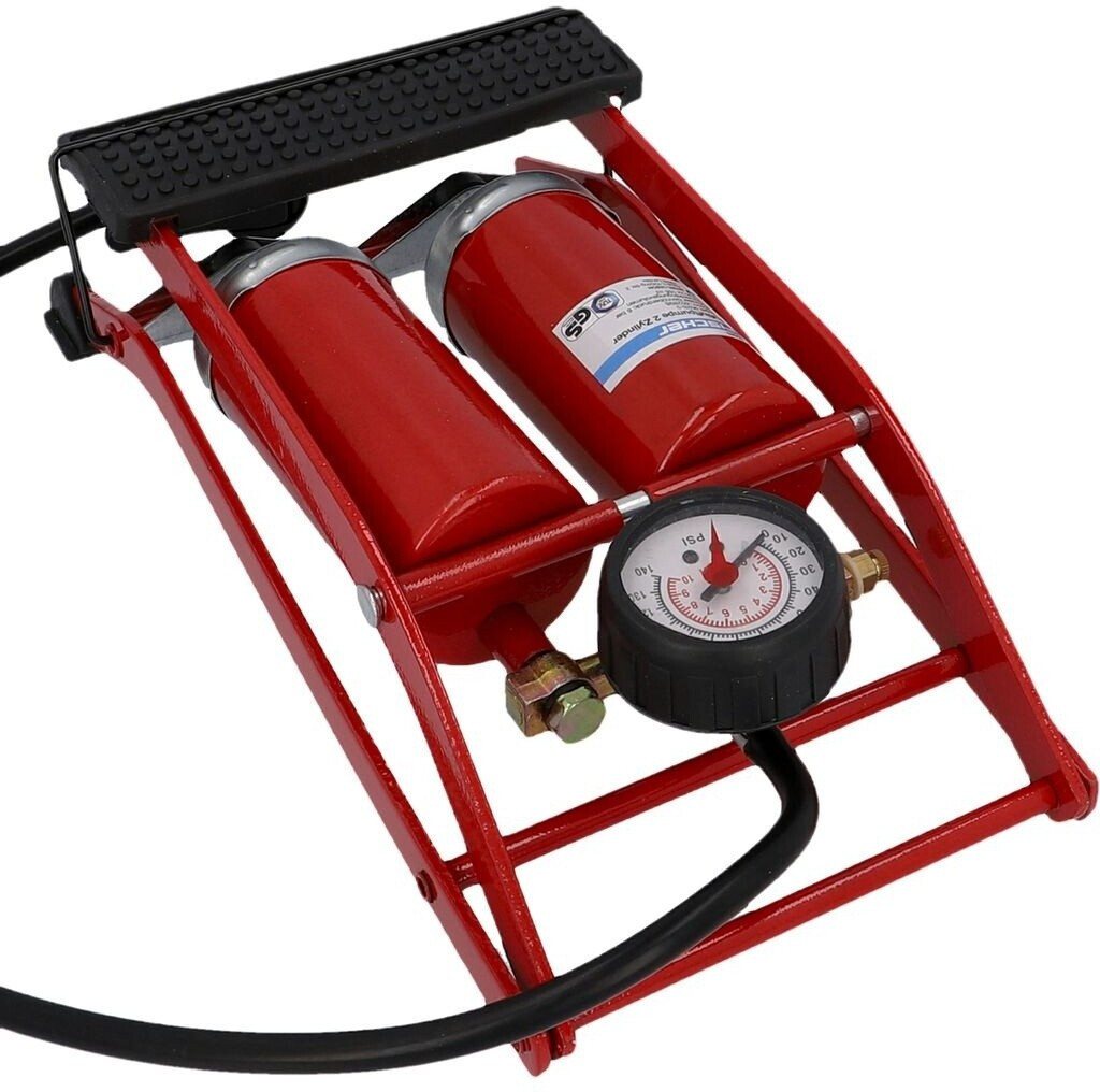 Fischer Luftpumpe Fußpumpe Doppelzylinder Duo-Kopf mit Manometer Fahrradpumpe (Analog, mit Doppelzylinder, Mit Manometer, Inkl. Ballnadel und Adapter), Luftpumpe Tretpumpe Reifenpumpe Ballpumpe Bild 2