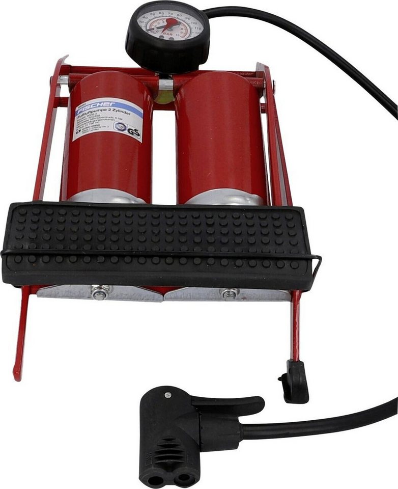 Fischer Luftpumpe Fußpumpe Doppelzylinder Duo-Kopf mit Manometer Fahrradpumpe (Analog, mit Doppelzylinder, Mit Manometer, Inkl. Ballnadel und Adapter), Luftpumpe Tretpumpe Reifenpumpe Ballpumpe Bild 3