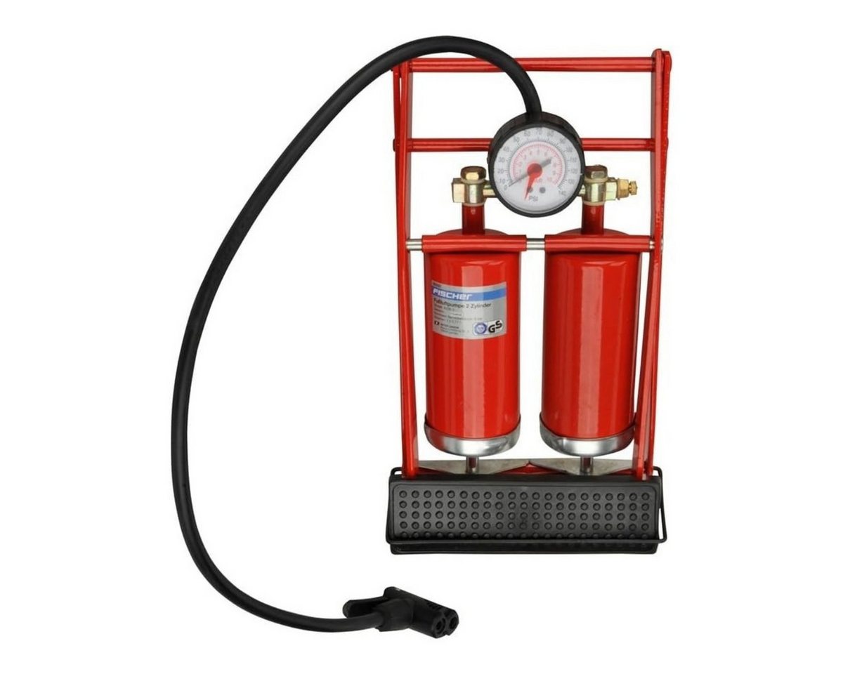 Fischer Luftpumpe Fußpumpe Doppelzylinder Duo-Kopf mit Manometer Fahrradpumpe (Analog, mit Doppelzylinder, Mit Manometer, Inkl. Ballnadel und Adapter), Luftpumpe Tretpumpe Reifenpumpe Ballpumpe Bild 4