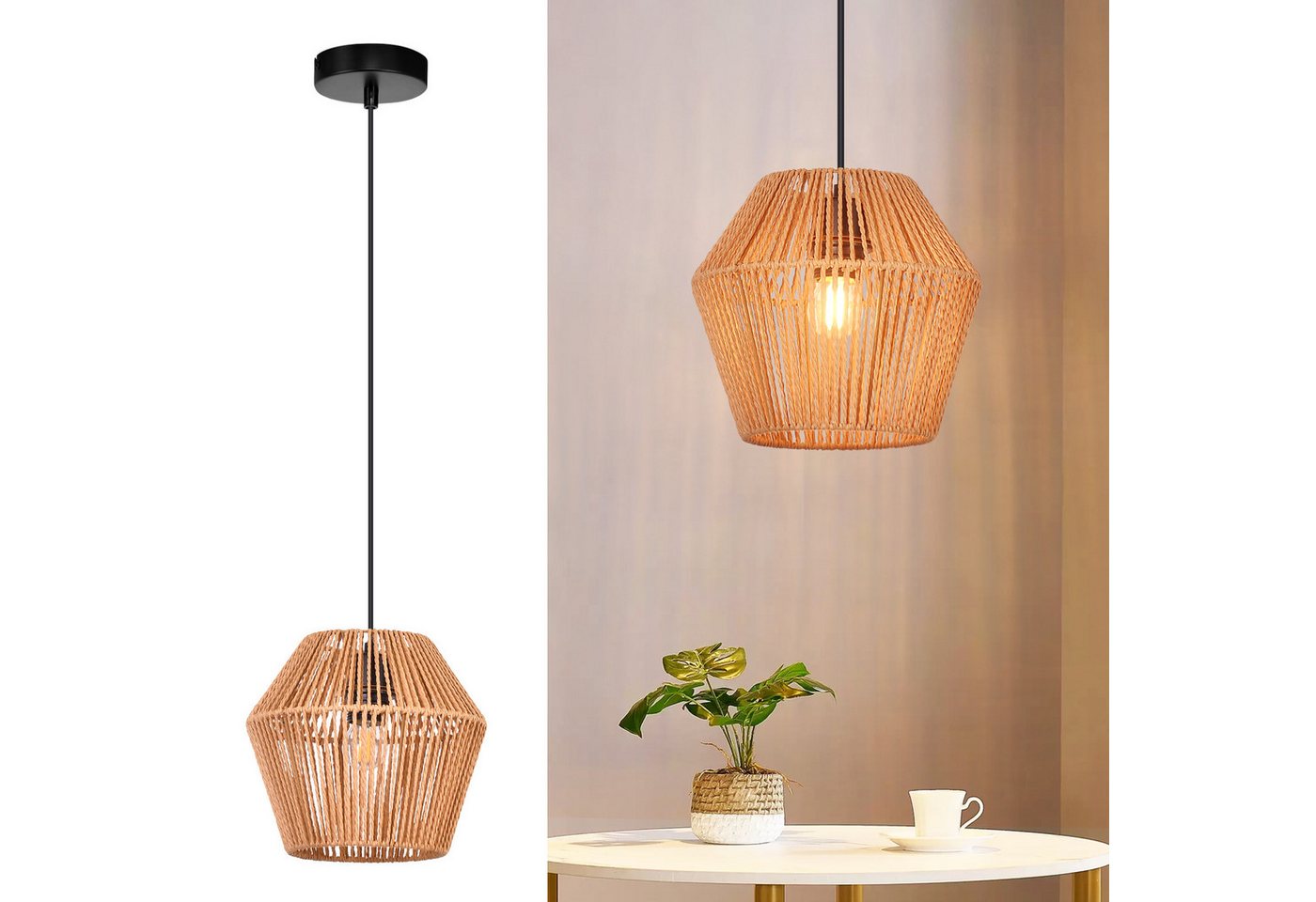 ZMH Pendelleuchte Esszimmer 150 cm Vintage Rattan Hängelampe E27 für Wohnzimmer Flur, ohne Leuchtmittel