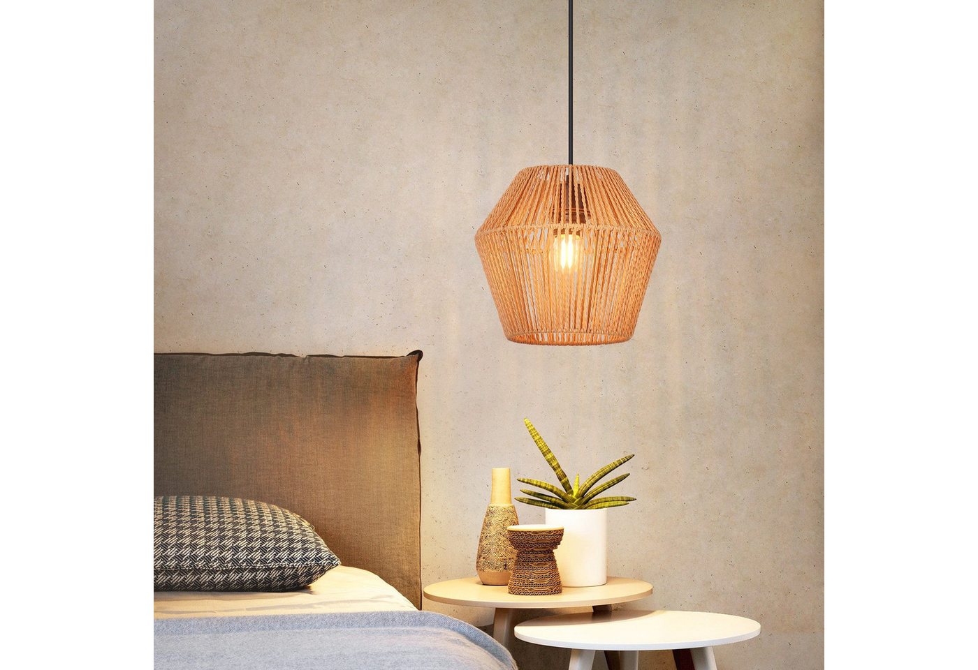 ZMH Pendelleuchte Esszimmer 150 cm Vintage Rattan Hängelampe E27 für Wohnzimmer Flur, ohne Leuchtmittel Bild 2