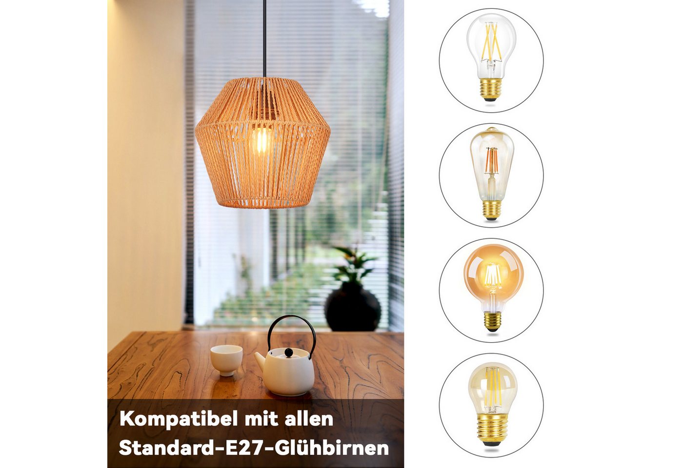 ZMH Pendelleuchte Esszimmer 150 cm Vintage Rattan Hängelampe E27 für Wohnzimmer Flur, ohne Leuchtmittel Bild 3
