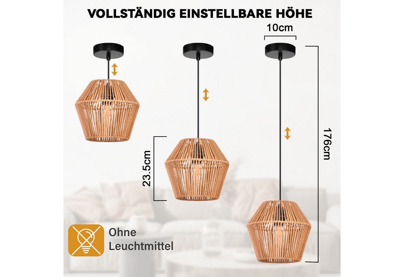 ZMH Pendelleuchte Esszimmer 150 cm Vintage Rattan Hängelampe E27 für Wohnzimmer Flur, ohne Leuchtmittel Bild 4