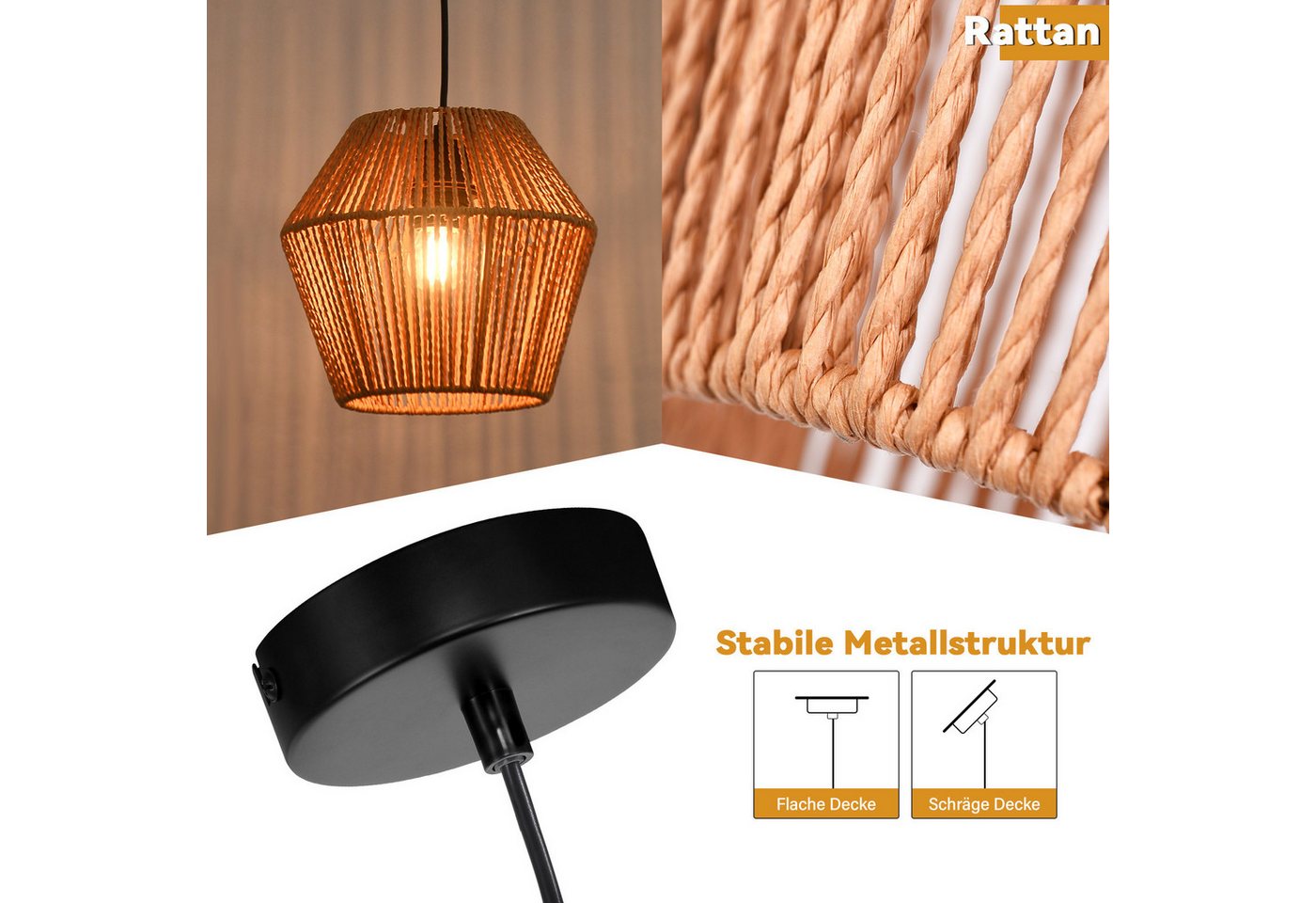 ZMH Pendelleuchte Esszimmer 150 cm Vintage Rattan Hängelampe E27 für Wohnzimmer Flur, ohne Leuchtmittel Bild 5