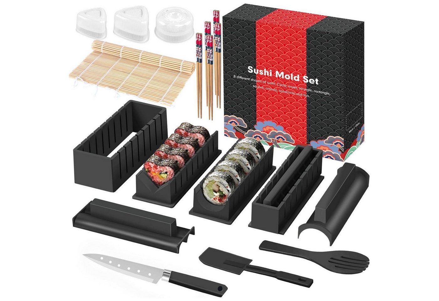 SKYSER Back-Set Sushi Maker Set 20-teilig für Anfänger selbst machen Schwarz