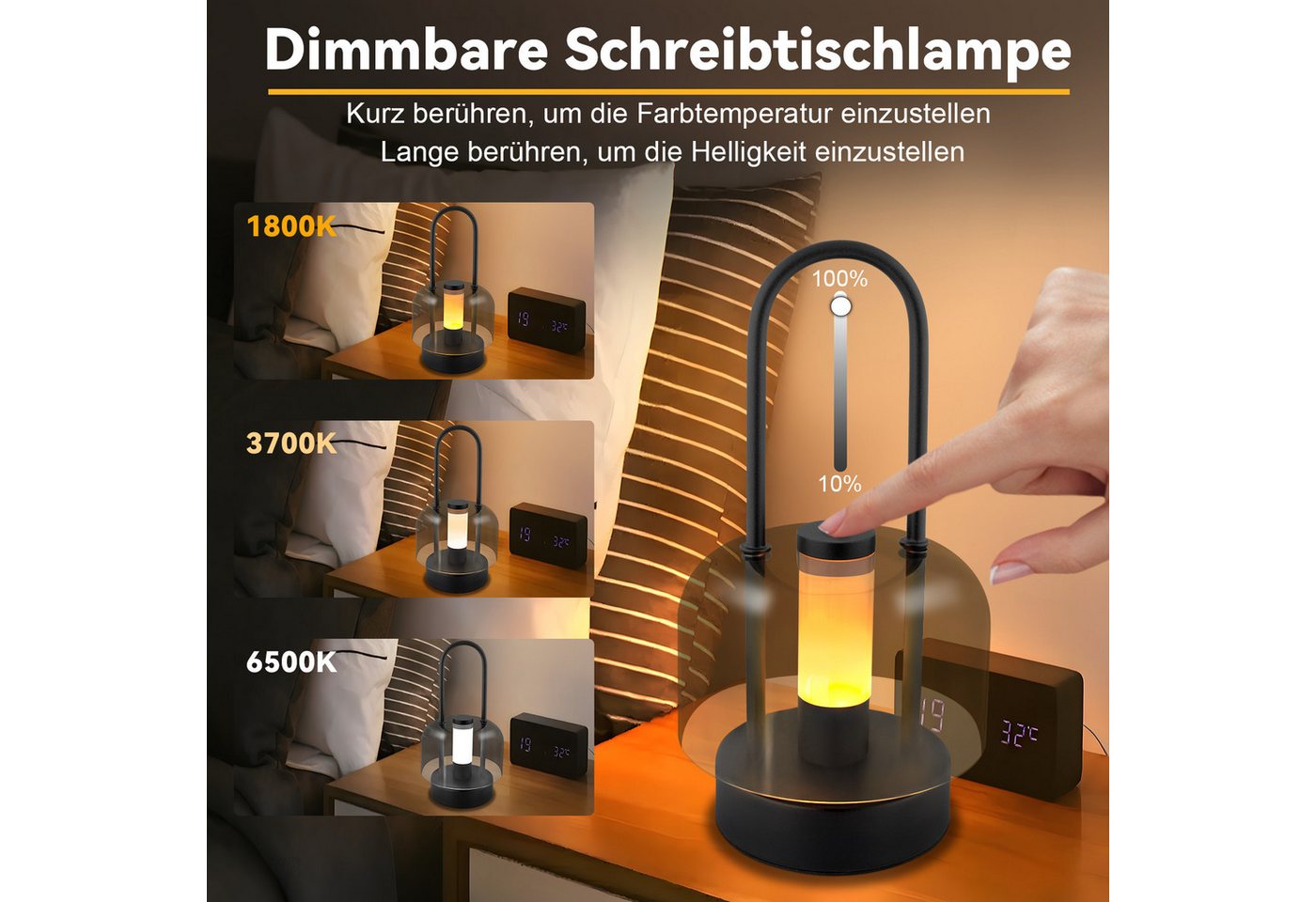 Nettlife LED Nachttischlampe Kabellos Tischleuchte Schwarz Touch Dimmbar Akku-Betrieb USB-C, Touch Dimmbar, LED fest integriert, mit Speicherfunktion für Esszimmer Schlafzimmer Bild 4