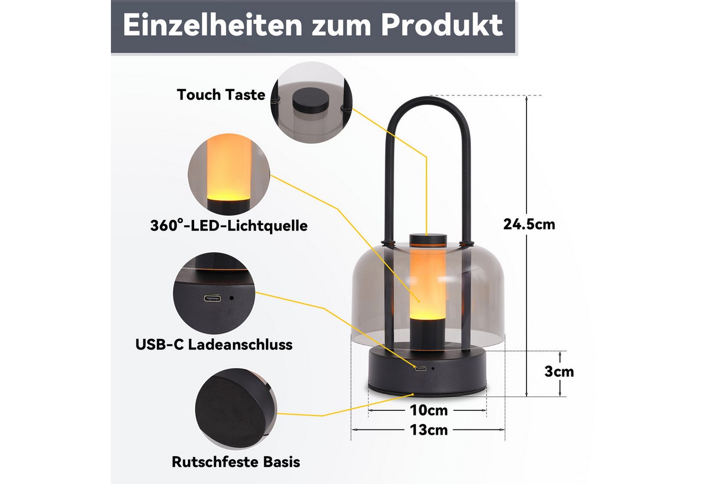 Nettlife LED Nachttischlampe Kabellos Tischleuchte Schwarz Touch Dimmbar Akku-Betrieb USB-C, Touch Dimmbar, LED fest integriert, mit Speicherfunktion für Esszimmer Schlafzimmer Bild 5