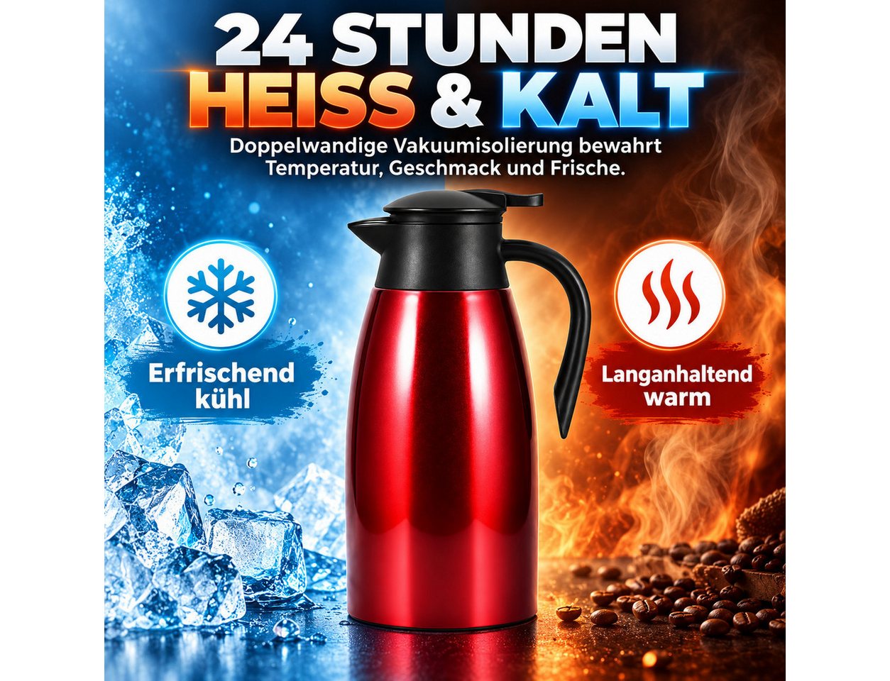LEMLIT Isolierkanne 2,1 L Thermoskanne 304 Edelstahl, Vakuumisoliert, Auslaufsicher, 2.1 l, (1er Set, 1-St., Doppelwandige Vakuumisolierung), 24 Std. Warmhaltung, Für Kaffee, Tee, Milch Und Kaltgetränke Bild 2