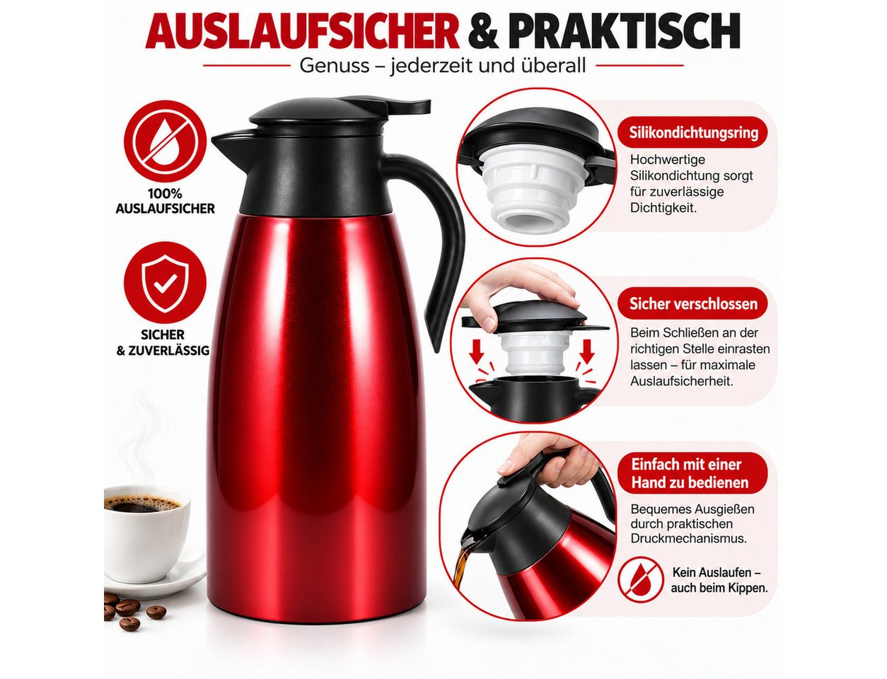LEMLIT Isolierkanne 2,1 L Thermoskanne 304 Edelstahl, Vakuumisoliert, Auslaufsicher, 2.1 l, (1er Set, 1-St., Doppelwandige Vakuumisolierung), 24 Std. Warmhaltung, Für Kaffee, Tee, Milch Und Kaltgetränke Bild 3