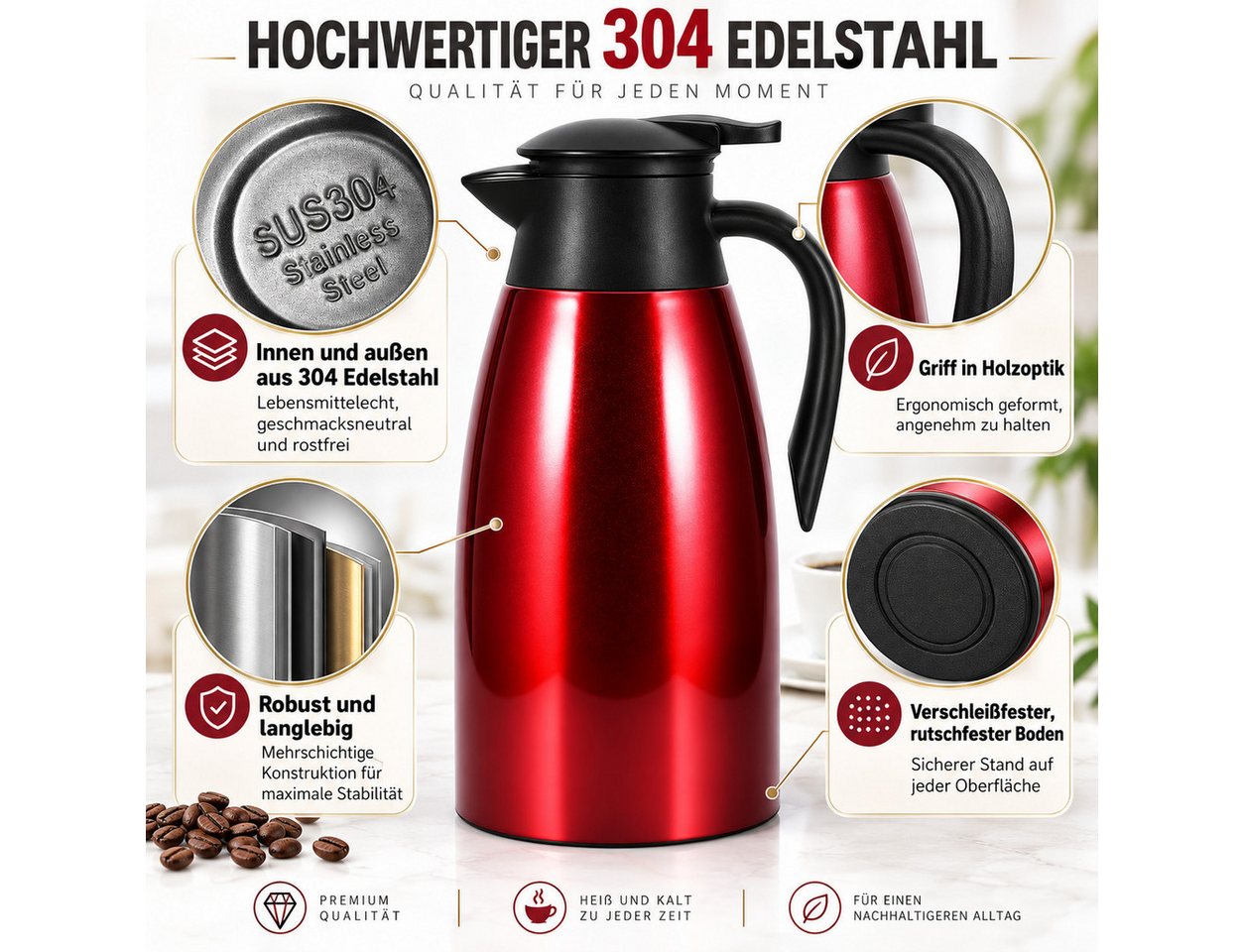 LEMLIT Isolierkanne 2,1 L Thermoskanne 304 Edelstahl, Vakuumisoliert, Auslaufsicher, 2.1 l, (1er Set, 1-St., Doppelwandige Vakuumisolierung), 24 Std. Warmhaltung, Für Kaffee, Tee, Milch Und Kaltgetränke Bild 4