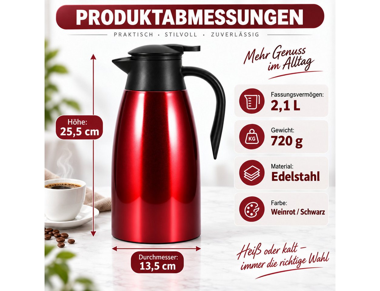 LEMLIT Isolierkanne 2,1 L Thermoskanne 304 Edelstahl, Vakuumisoliert, Auslaufsicher, 2.1 l, (1er Set, 1-St., Doppelwandige Vakuumisolierung), 24 Std. Warmhaltung, Für Kaffee, Tee, Milch Und Kaltgetränke Bild 5