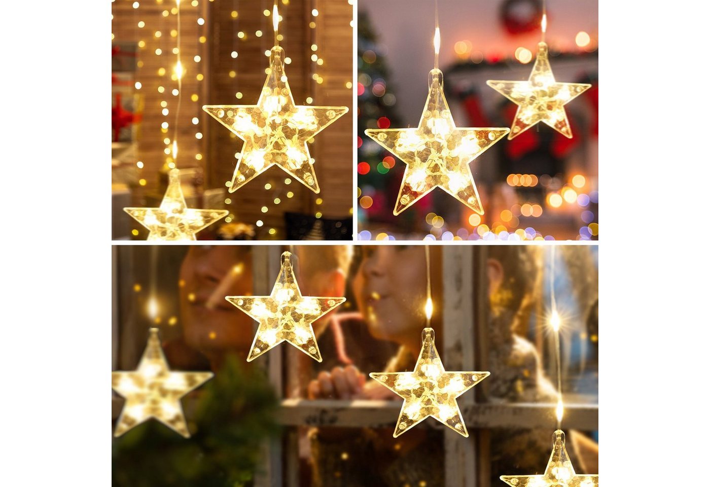 Salcar LED-Lichterkette 3m LED Sternen Lichtervorhang LED mit 16 Stern LED Lichterkette Sterne, 8 Beleuchtungsmodi und Memory-Funktion, Warmweiß