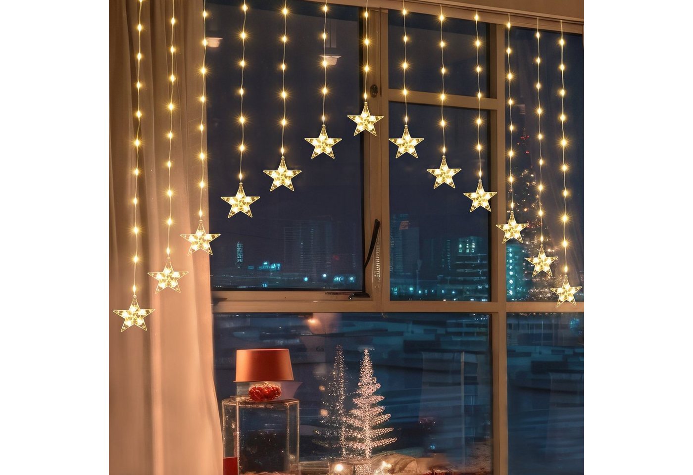Salcar LED-Lichterkette 3m LED Sternen Lichtervorhang LED mit 16 Stern LED Lichterkette Sterne, 8 Beleuchtungsmodi und Memory-Funktion, Warmweiß Bild 3