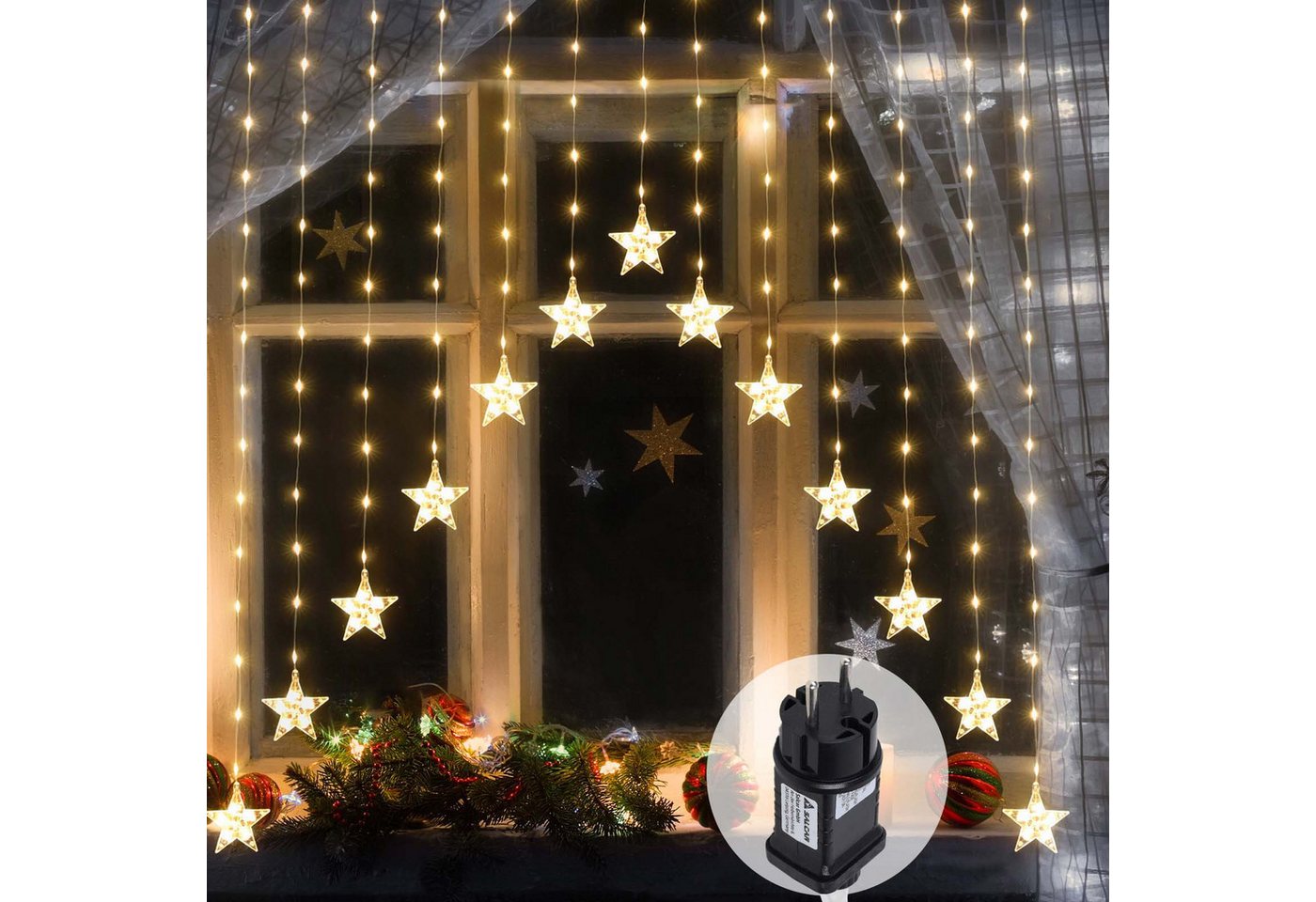 Salcar LED-Lichterkette 3m LED Sternen Lichtervorhang LED mit 16 Stern LED Lichterkette Sterne, 8 Beleuchtungsmodi und Memory-Funktion, Warmweiß Bild 4