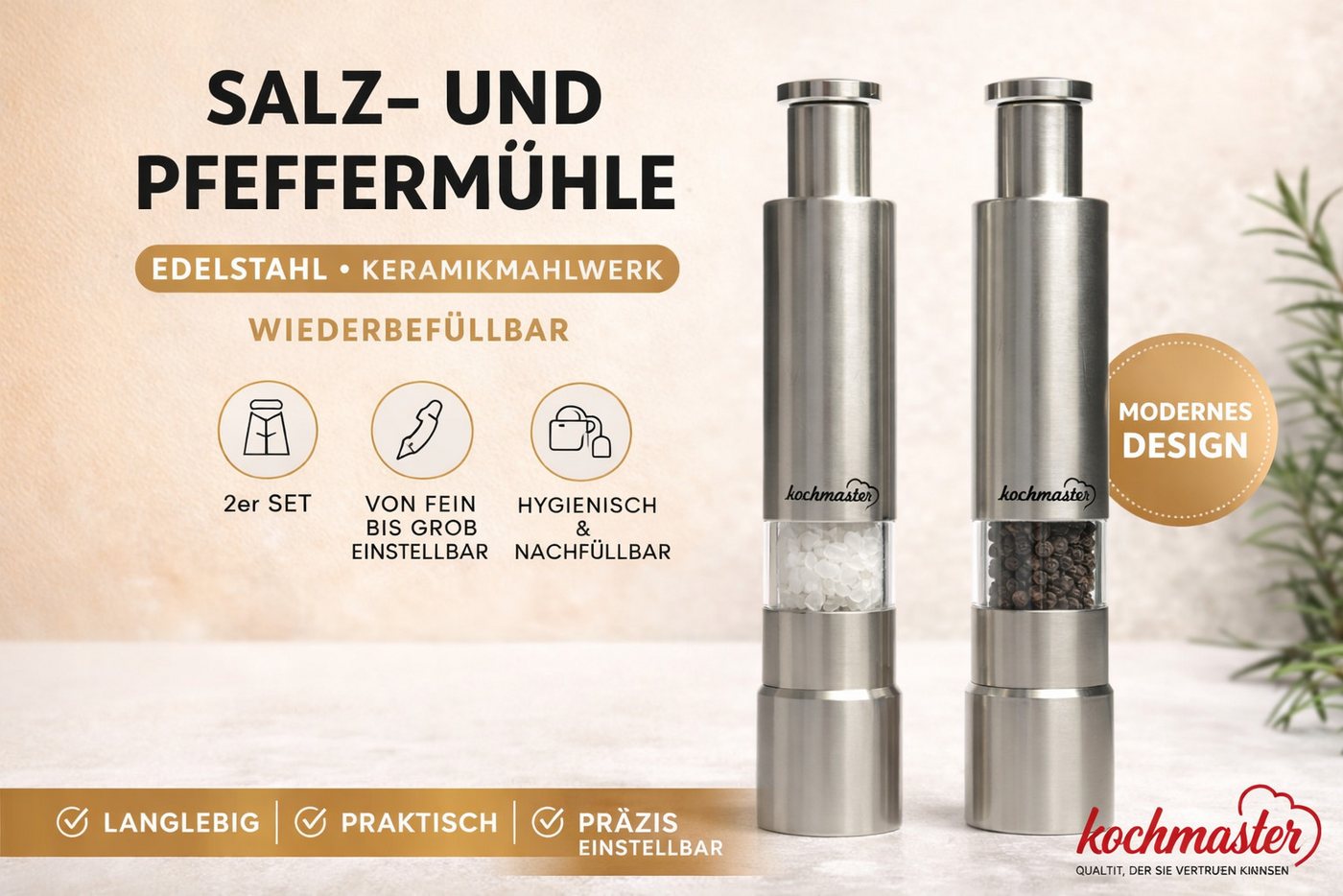 kochmaster Salzmühle Kochmaster Salz- und Pfeffermühle Set 2er – Edelstahl, (2 Stück) Bild 2