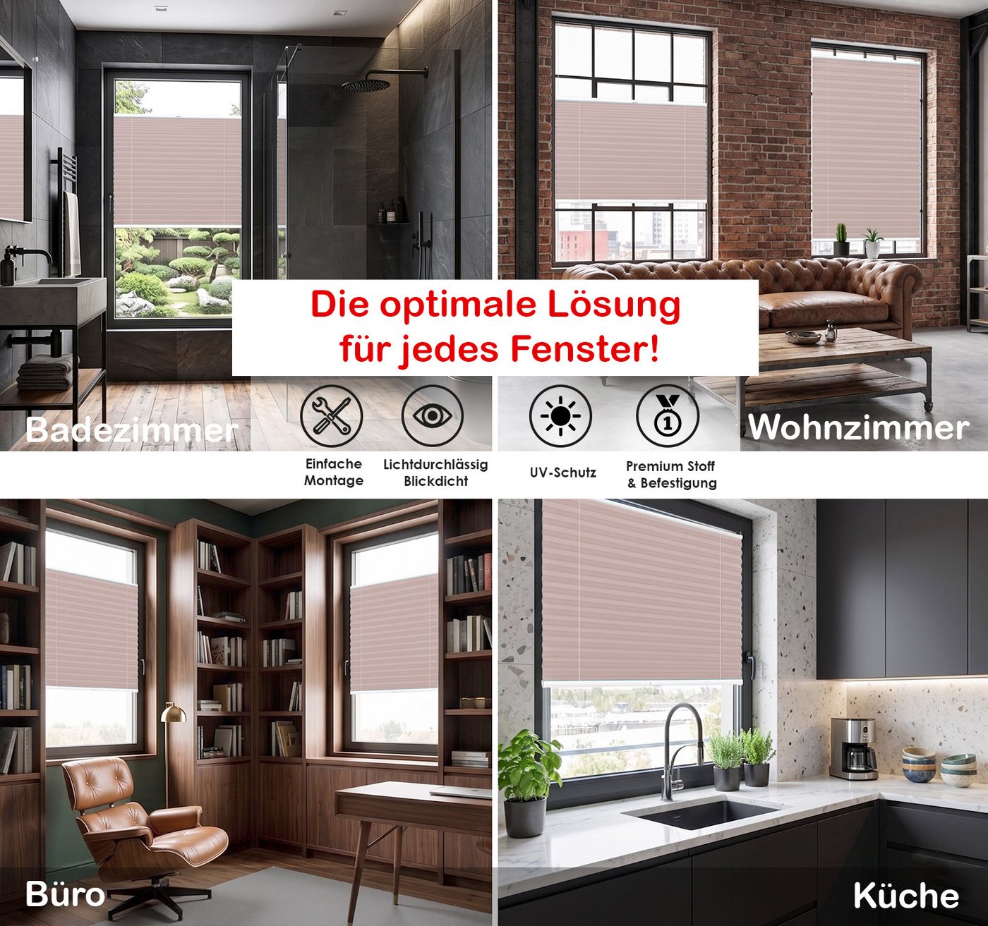 Rikmani Plissee Klemmfix ohne Bohren Rosé 40x100 cm, blickdicht, Klemmfix, Sichtschutz, Sonnenschutz, einfache Montage, Stufenlos verstellbar Bild 4