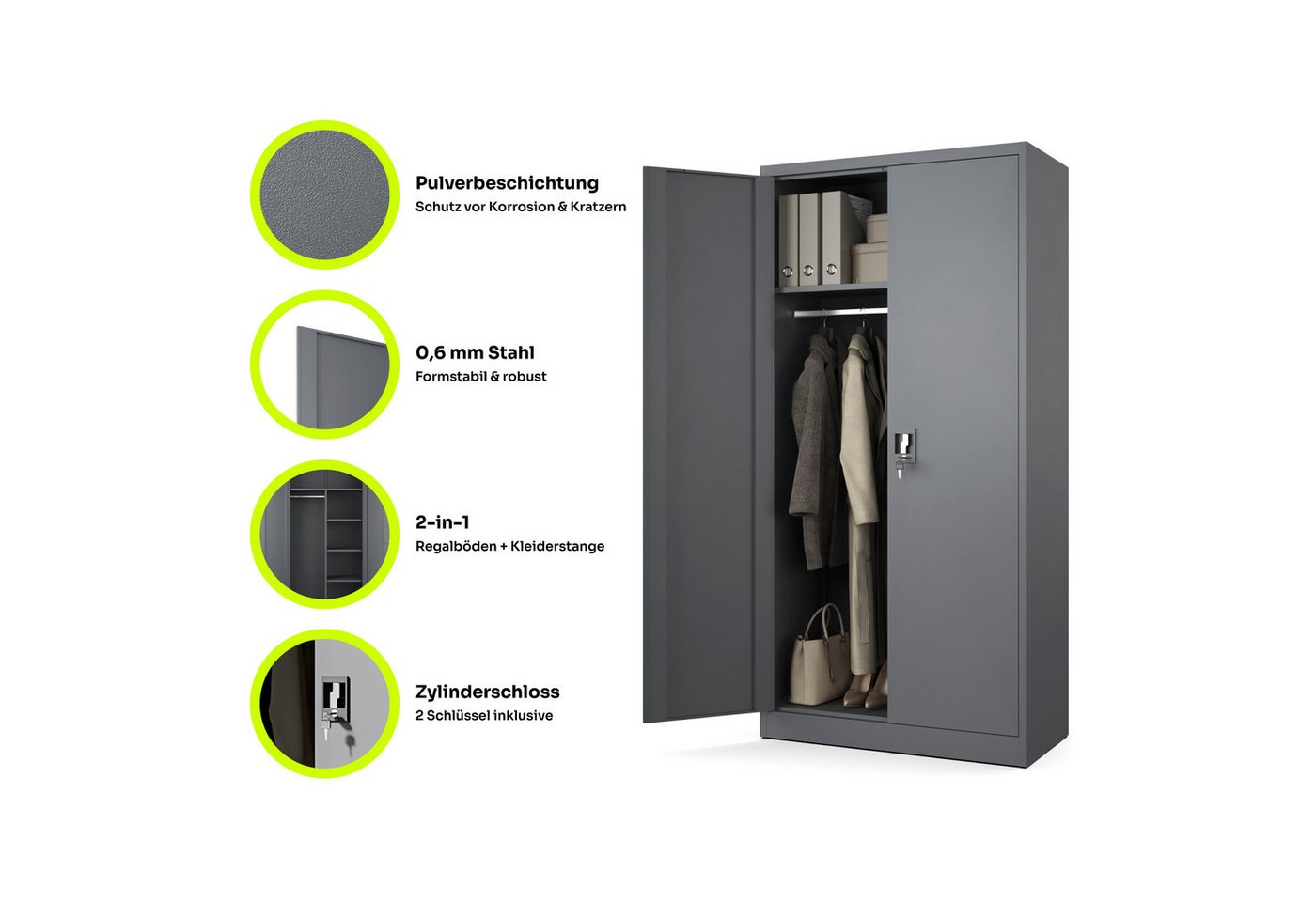 Muralo Aktenschrank Metallschrank für die Firma mit Dreipunktschloss (Packung, 1-St., 185 x 90 x 45 cm) Dreipunktblockade, Kleiderstange, 4 verstellbare Regalböden Bild 2
