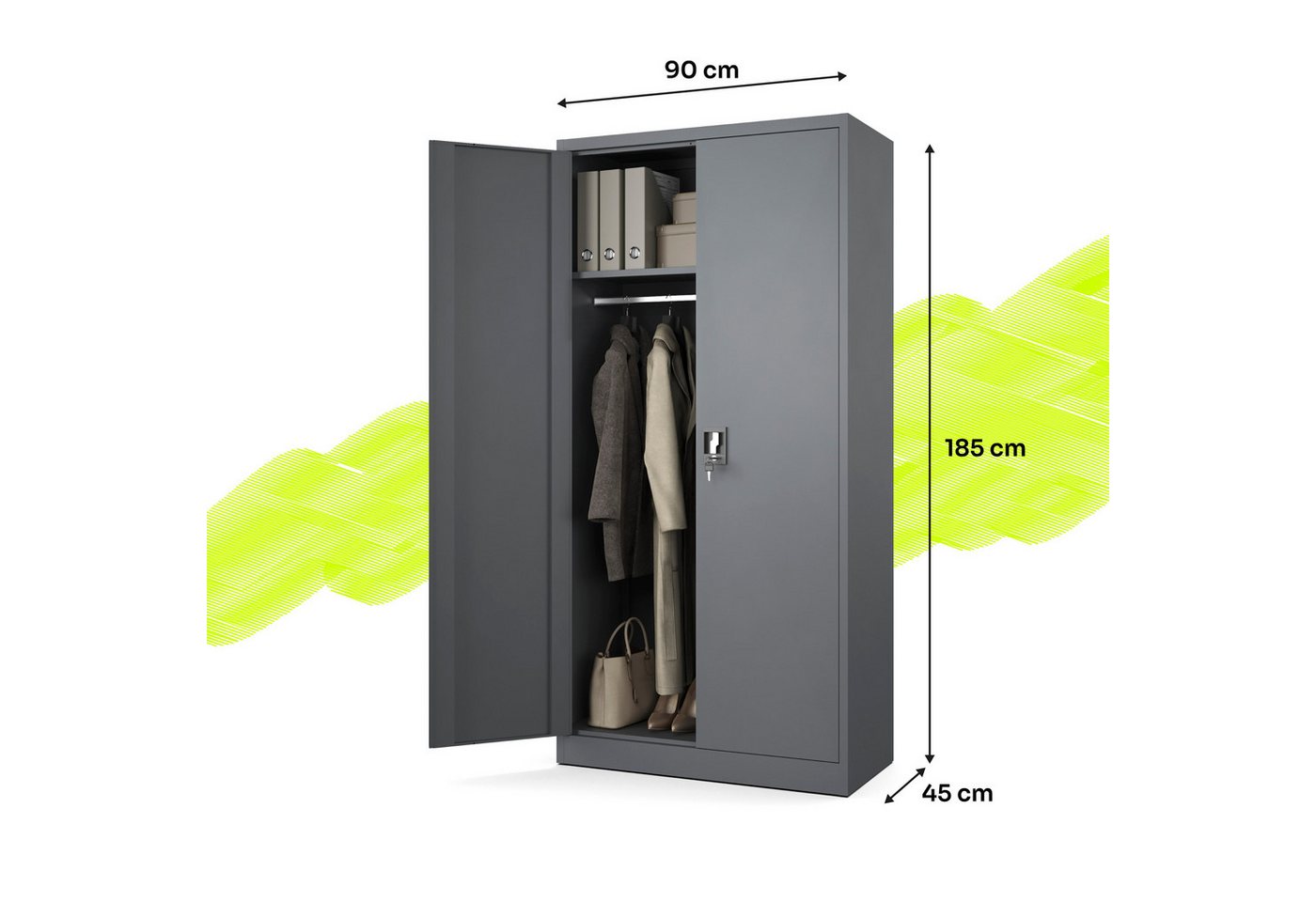 Muralo Aktenschrank Metallschrank für die Firma mit Dreipunktschloss (Packung, 1-St., 185 x 90 x 45 cm) Dreipunktblockade, Kleiderstange, 4 verstellbare Regalböden Bild 4