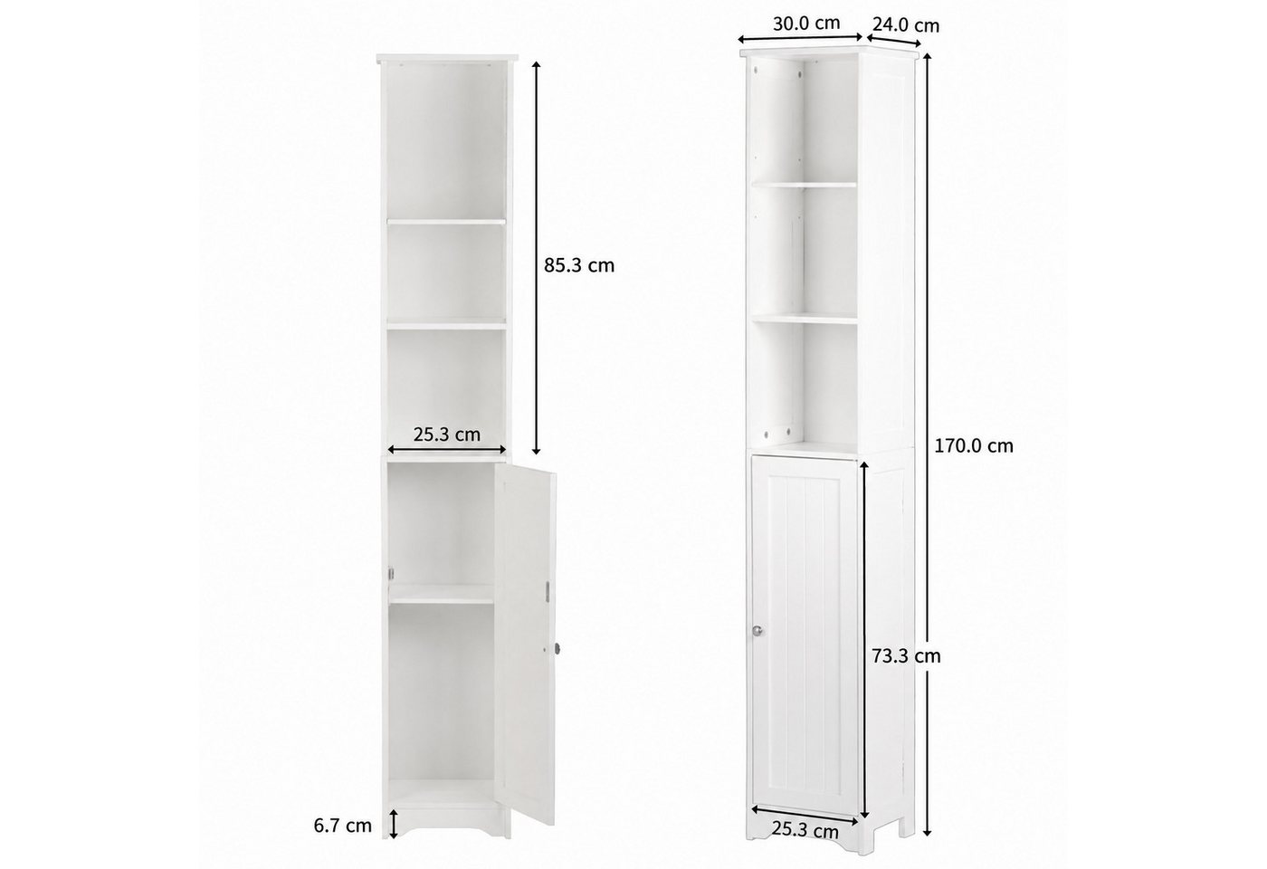 Karlhome Badregal Schmaler Badezimmerschrank mit Tür und 3 offenen Fächern, 1-tlg., Hoher Stand-Schrank für kleine Räume, Aufbewahrungsschrank 170cm