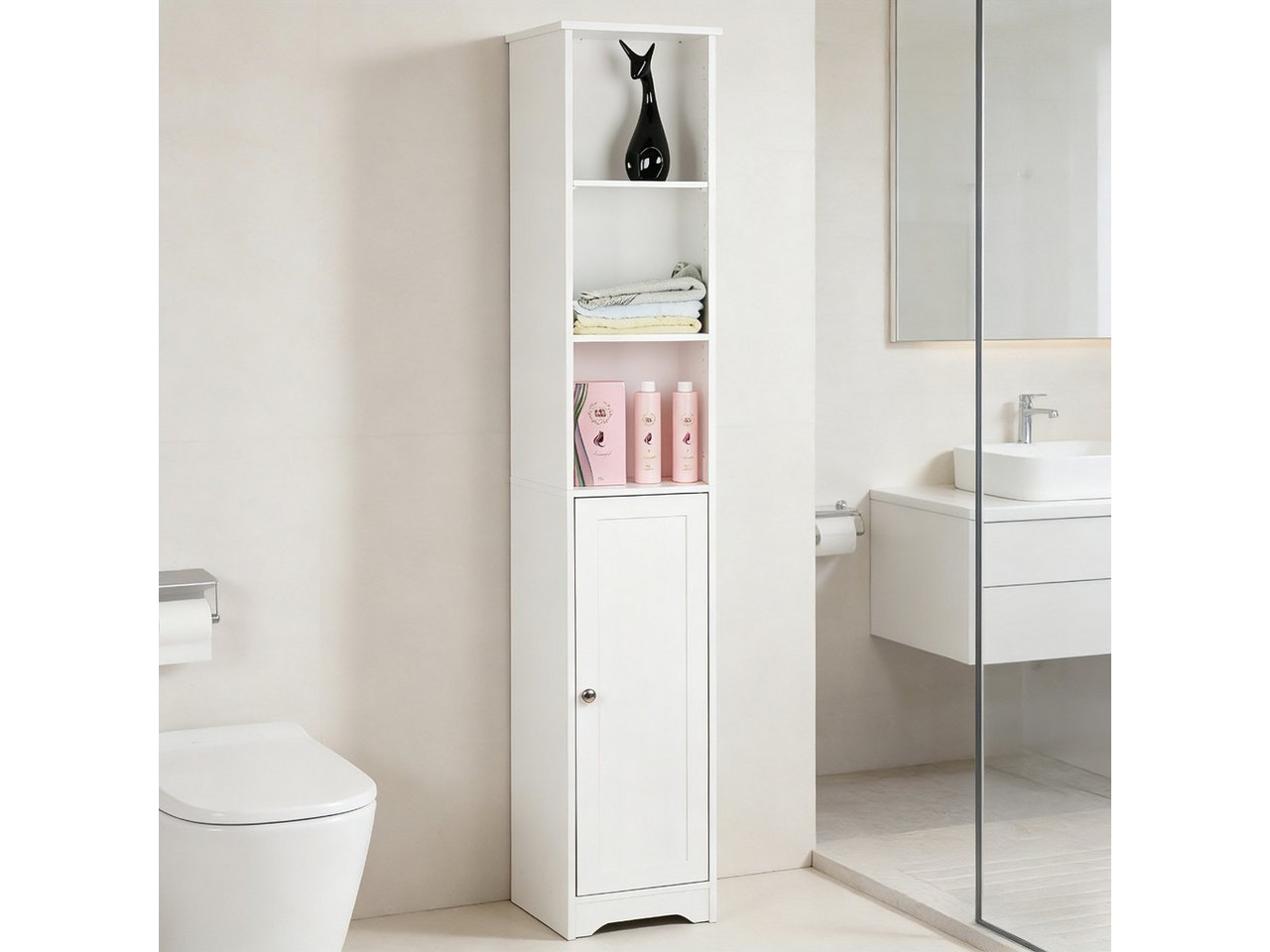 Karlhome Badregal Schmaler Badezimmerschrank mit Tür und 3 offenen Fächern, 1-tlg., Hoher Stand-Schrank für kleine Räume, Aufbewahrungsschrank 170cm Bild 2