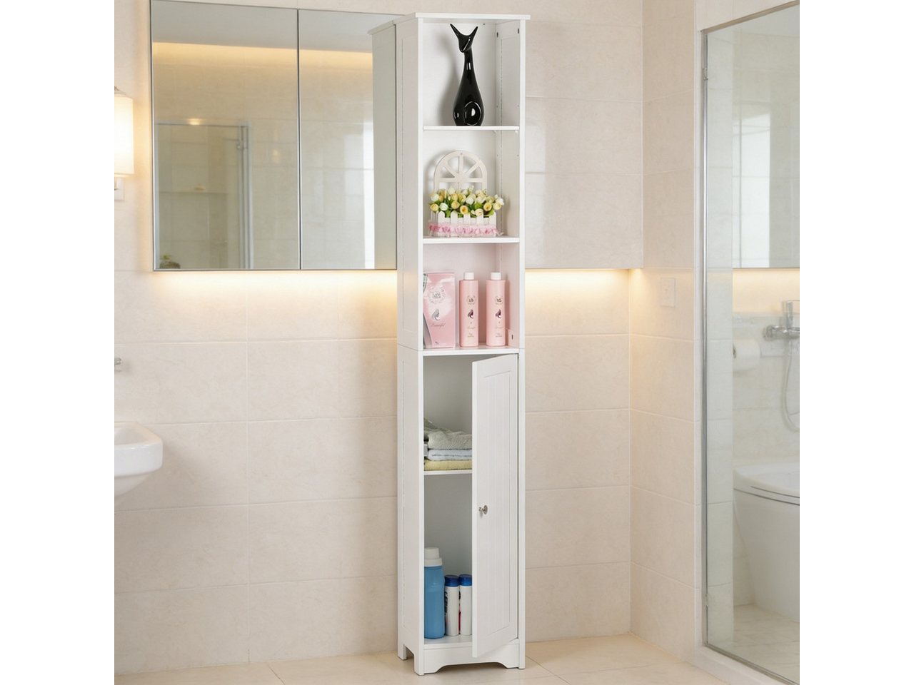 Karlhome Badregal Schmaler Badezimmerschrank mit Tür und 3 offenen Fächern, 1-tlg., Hoher Stand-Schrank für kleine Räume, Aufbewahrungsschrank 170cm Bild 3