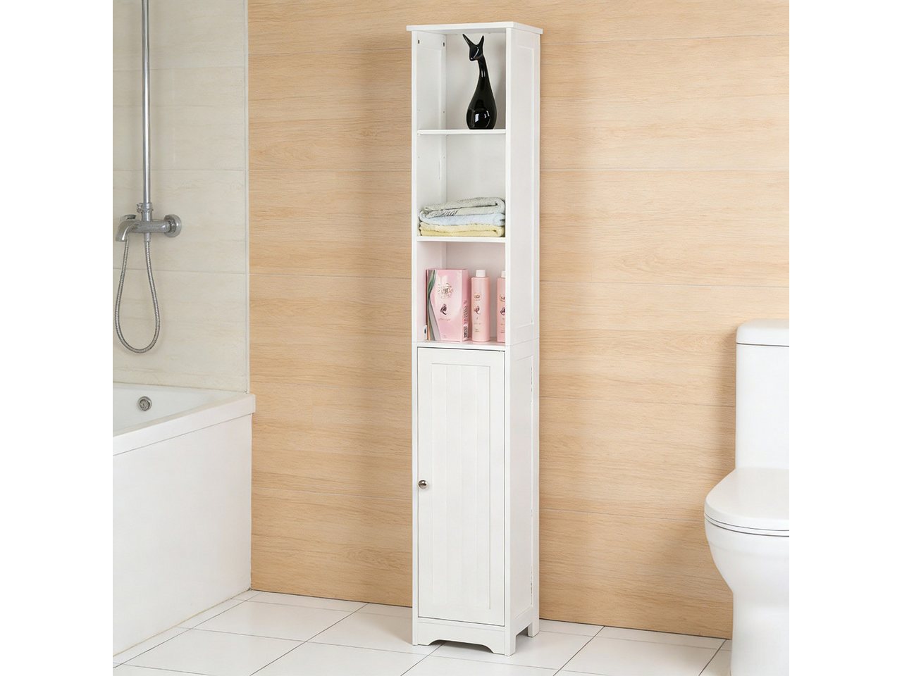 Karlhome Badregal Schmaler Badezimmerschrank mit Tür und 3 offenen Fächern, 1-tlg., Hoher Stand-Schrank für kleine Räume, Aufbewahrungsschrank 170cm Bild 5