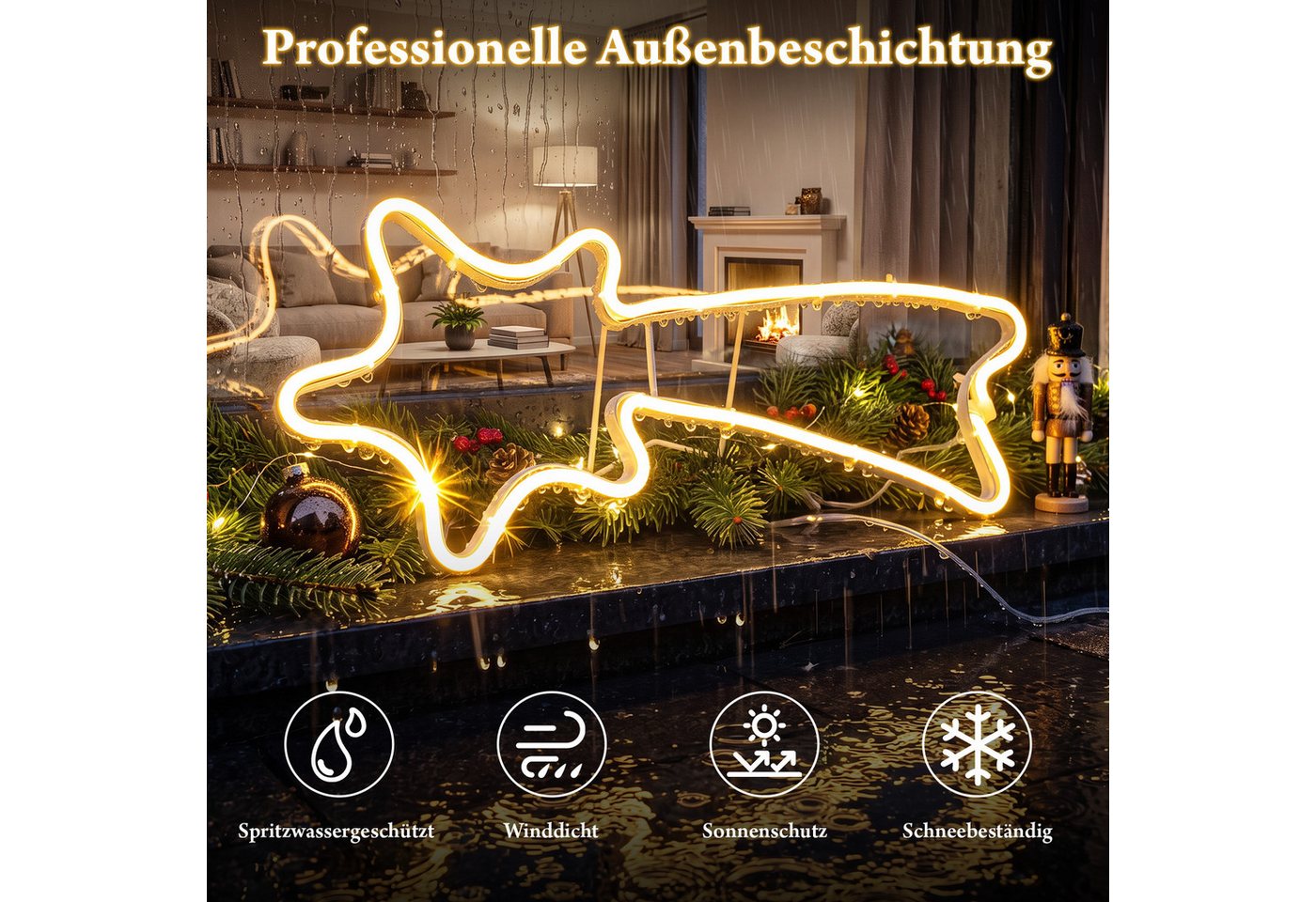 Salcar LED-Lichterkette 300er LED Neonlicht Stern 50-90cm Außen Sternschnuppe Weihnachtslicht, Ø50cm Fenster LED Lichterkette Garten Weihnachtsdeko Warmweiß