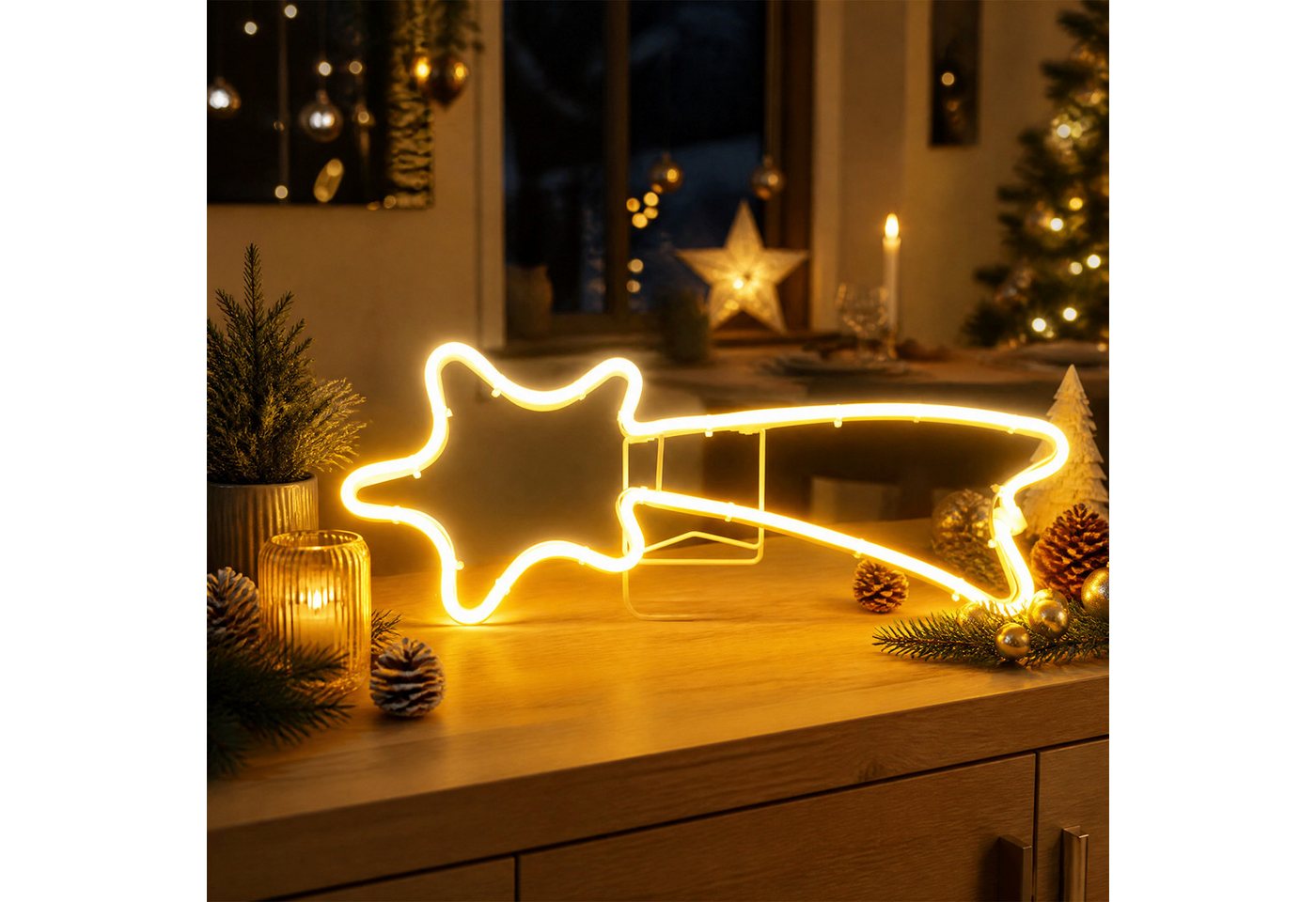 Salcar LED-Lichterkette 300er LED Neonlicht Stern 50-90cm Außen Sternschnuppe Weihnachtslicht, Ø50cm Fenster LED Lichterkette Garten Weihnachtsdeko Warmweiß Bild 4