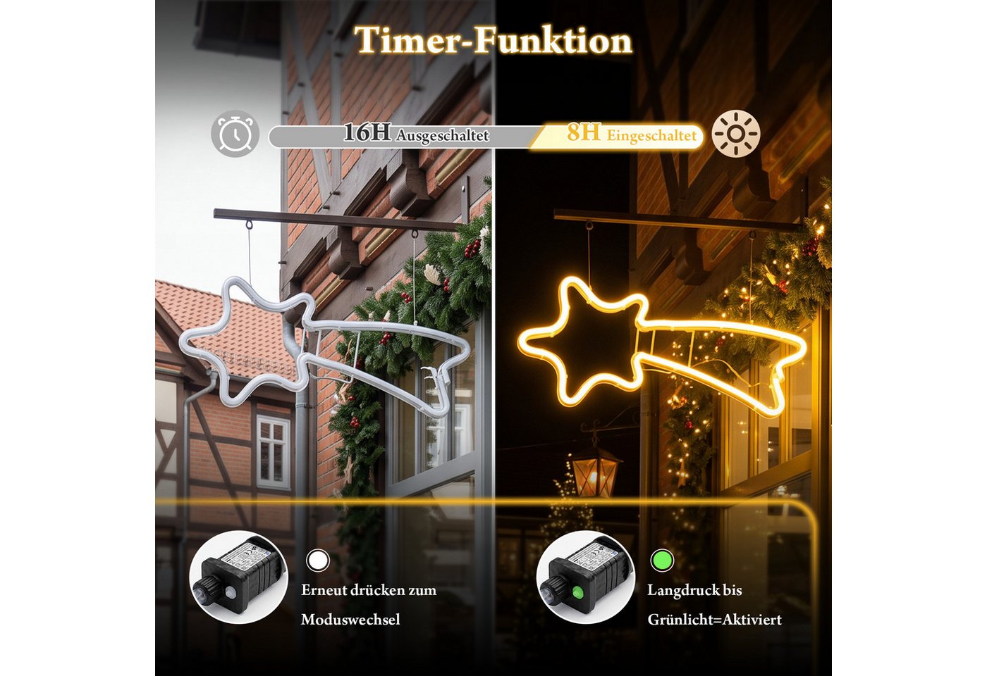 Salcar LED-Lichterkette 300er LED Neonlicht Stern 50-90cm Außen Sternschnuppe Weihnachtslicht, Ø50cm Fenster LED Lichterkette Garten Weihnachtsdeko Warmweiß Bild 5