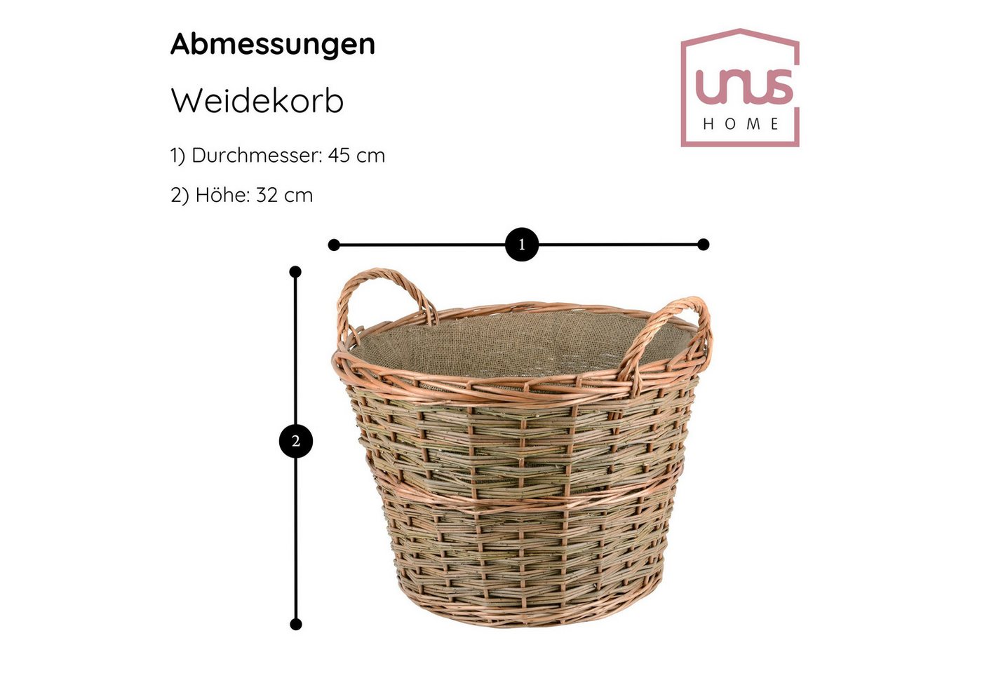 UNUS HOME Kaminholzkorb Korb Weide mit 2 Griffen gefüttert Ø45 (1 St) Bild 2